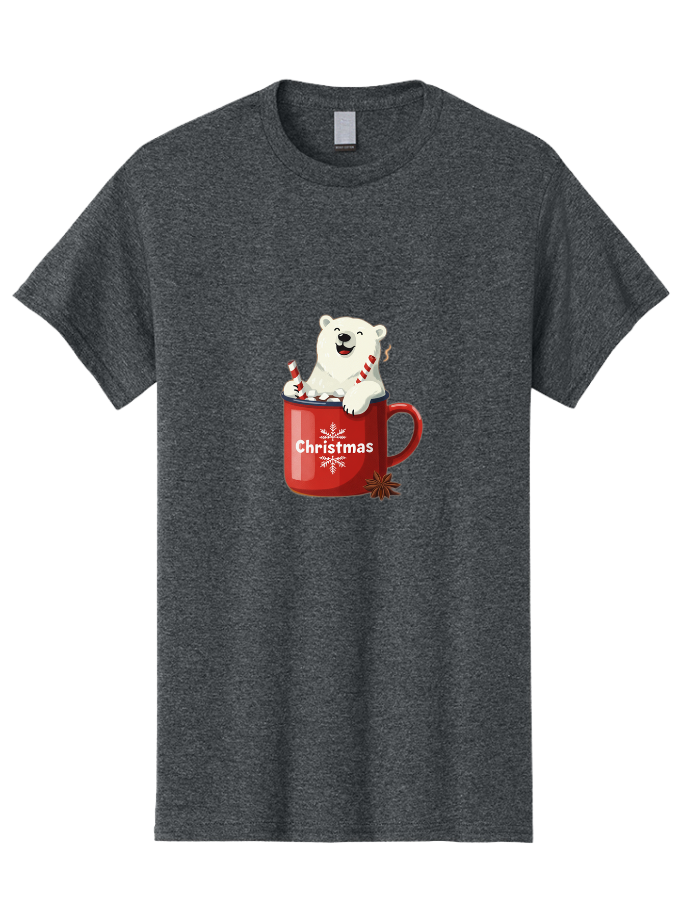 Christmas-Mug Men'S Graphic Tee, 100% Cotton, Comfortable Casual Summer Wear, Machine Washable, Polar Bear In Red Mug, Christmas Theme, Festive Decorations, Candy Cane, Marshmallows, Snowflake Design, Holiday Cheer, Winter Wonderland, Bae408