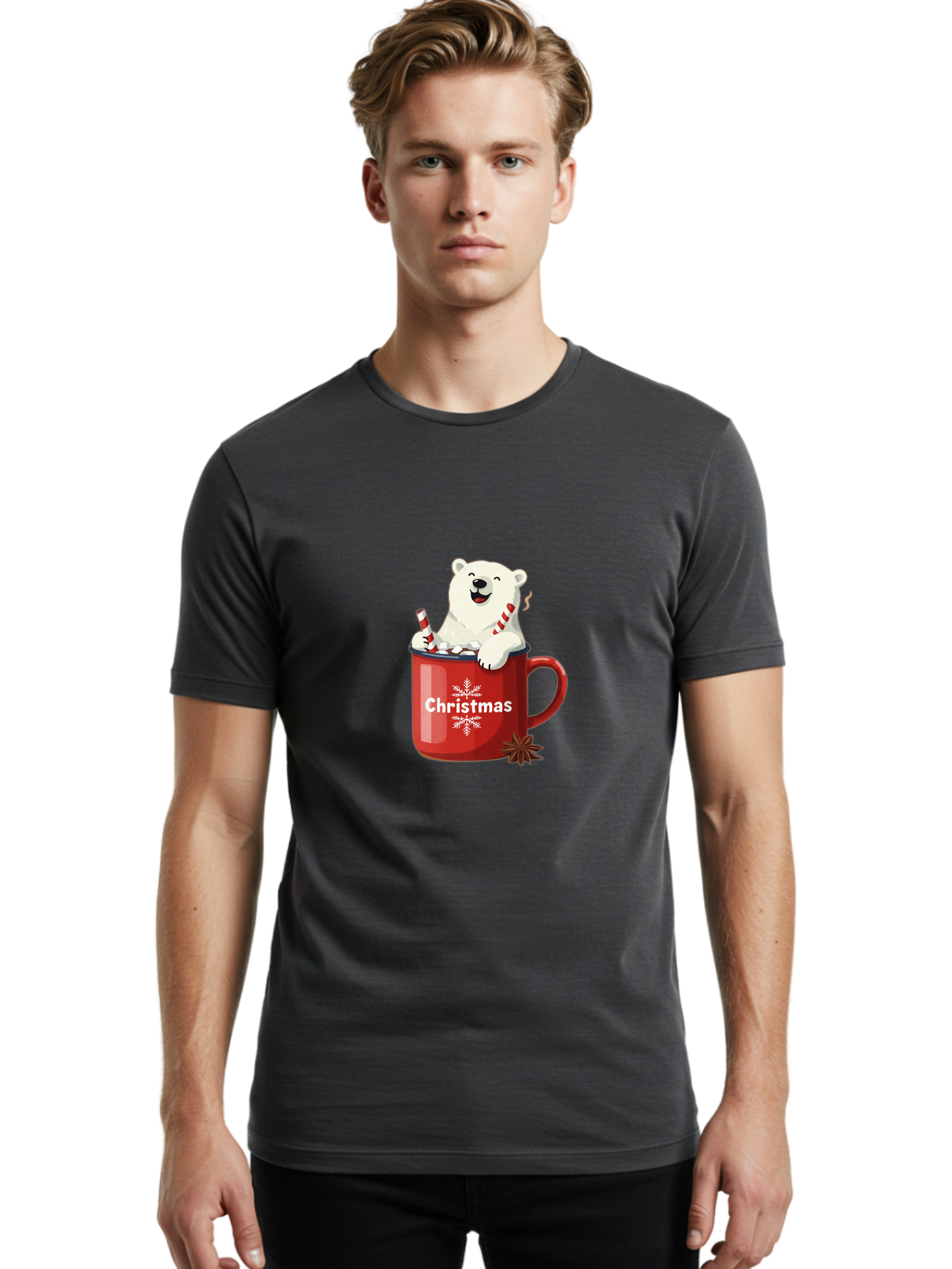 Christmas-Mug Men'S Graphic Tee, 100% Cotton, Comfortable Casual Summer Wear, Machine Washable, Polar Bear In Red Mug, Christmas Theme, Festive Decorations, Candy Cane, Marshmallows, Snowflake Design, Holiday Cheer, Winter Wonderland, Bae408