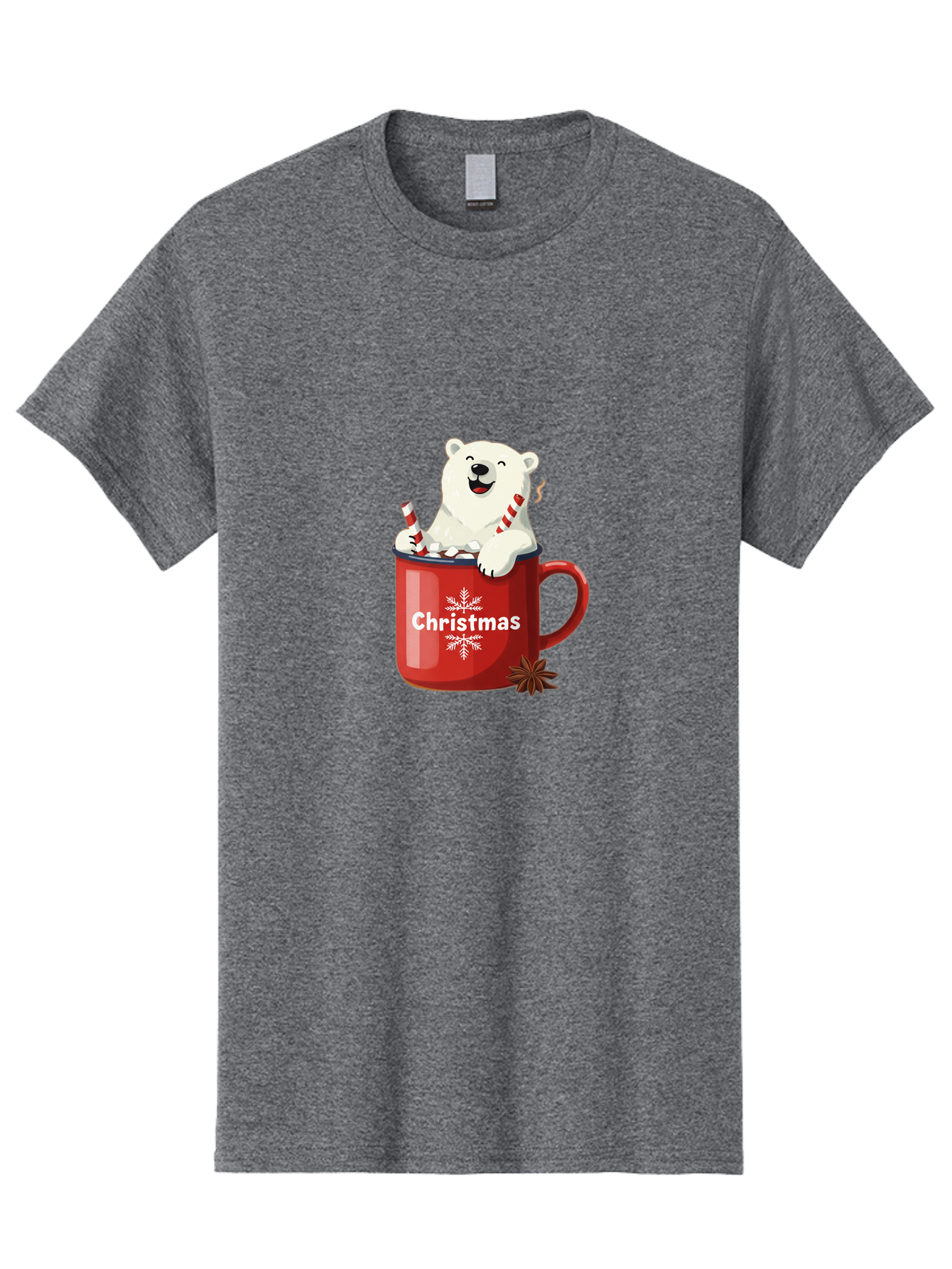 Christmas-Mug Men'S Graphic Tee, 100% Cotton, Comfortable Casual Summer Wear, Machine Washable, Polar Bear In Red Mug, Christmas Theme, Festive Decorations, Candy Cane, Marshmallows, Snowflake Design, Holiday Cheer, Winter Wonderland, Bae408