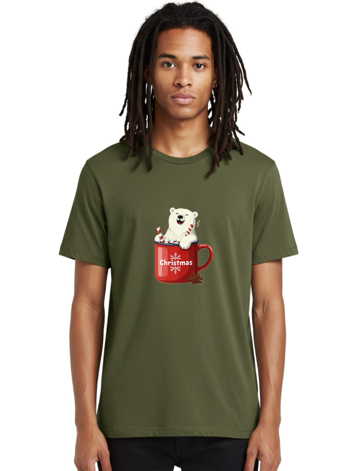Christmas-Mug Men'S Graphic Tee, 100% Cotton, Comfortable Casual Summer Wear, Machine Washable, Polar Bear In Red Mug, Christmas Theme, Festive Decorations, Candy Cane, Marshmallows, Snowflake Design, Holiday Cheer, Winter Wonderland, Bae408
