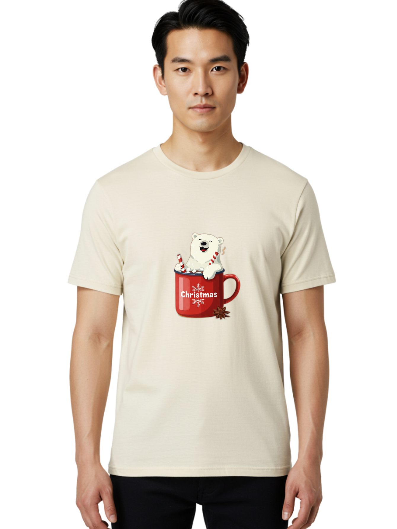 Christmas-Mug Men'S Graphic Tee, 100% Cotton, Comfortable Casual Summer Wear, Machine Washable, Polar Bear In Red Mug, Christmas Theme, Festive Decorations, Candy Cane, Marshmallows, Snowflake Design, Holiday Cheer, Winter Wonderland, Bae408