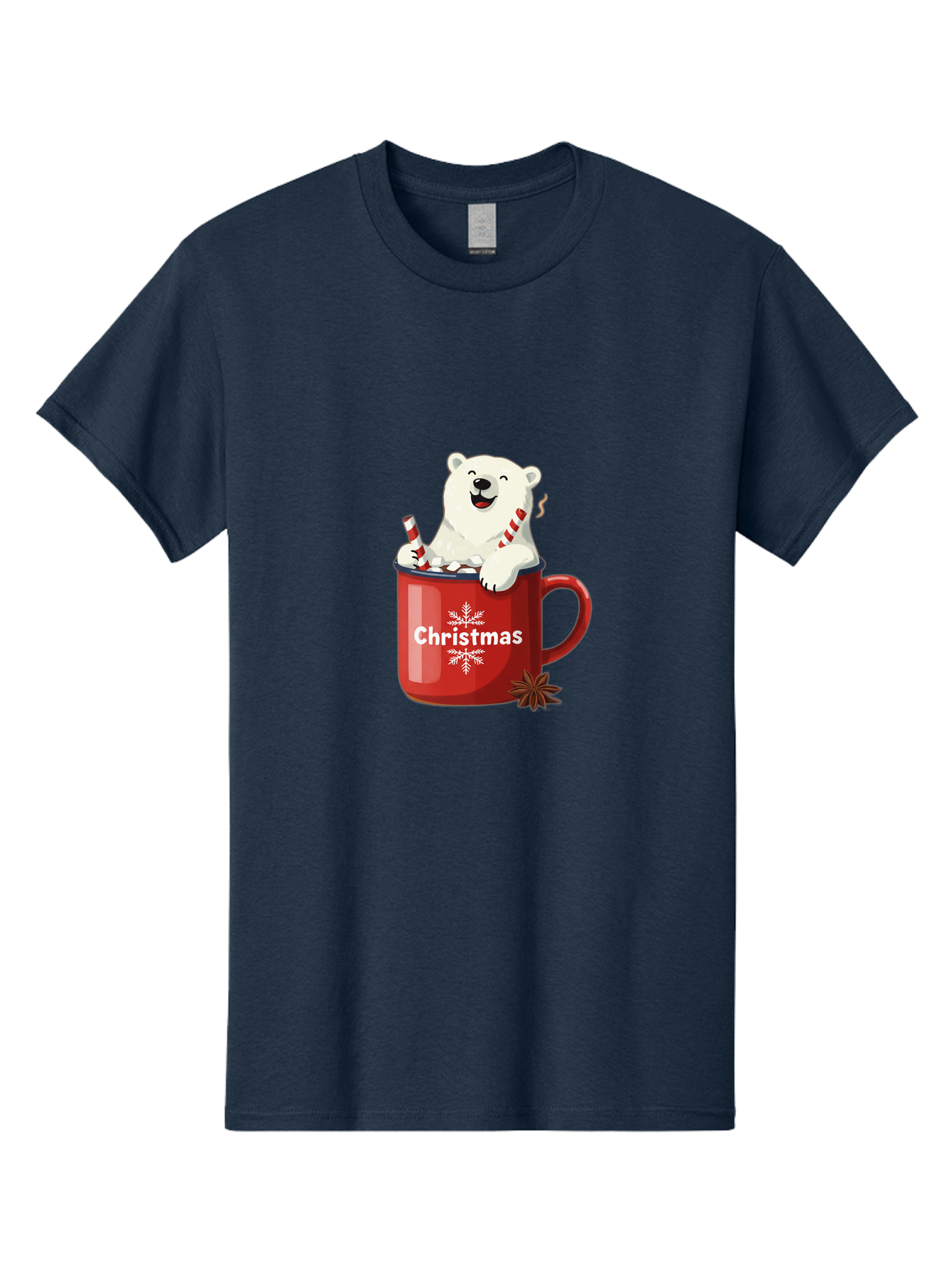 Christmas-Mug Men'S Graphic Tee, 100% Cotton, Comfortable Casual Summer Wear, Machine Washable, Polar Bear In Red Mug, Christmas Theme, Festive Decorations, Candy Cane, Marshmallows, Snowflake Design, Holiday Cheer, Winter Wonderland, Bae408