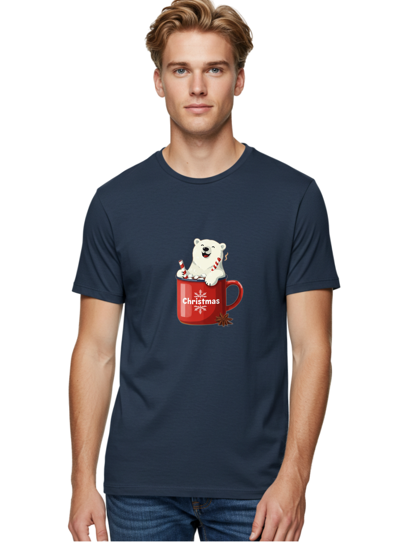 Christmas-Mug Men'S Graphic Tee, 100% Cotton, Comfortable Casual Summer Wear, Machine Washable, Polar Bear In Red Mug, Christmas Theme, Festive Decorations, Candy Cane, Marshmallows, Snowflake Design, Holiday Cheer, Winter Wonderland, Bae408