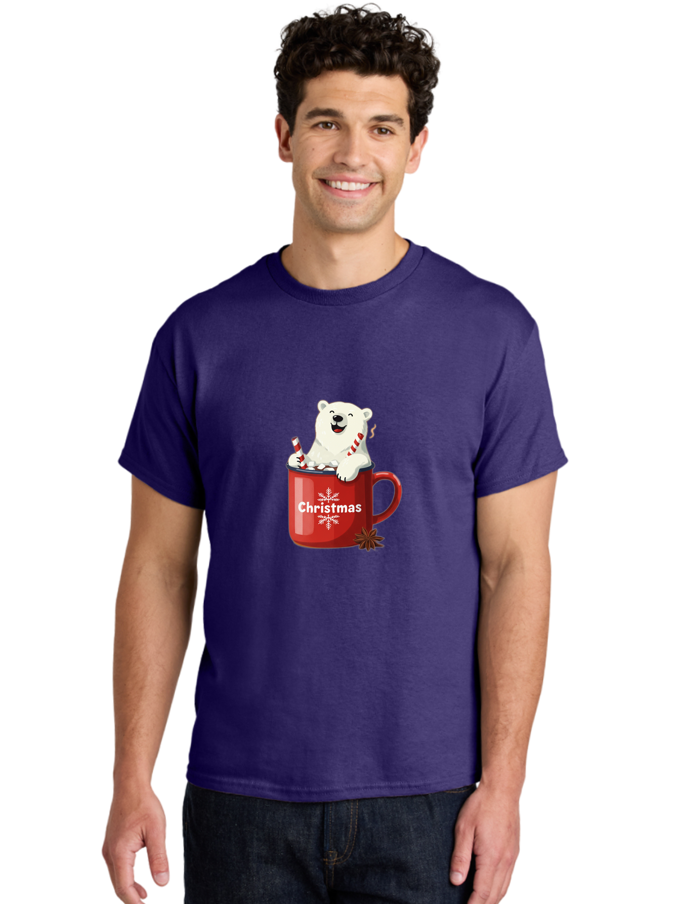 Christmas-Mug Men'S Graphic Tee, 100% Cotton, Comfortable Casual Summer Wear, Machine Washable, Polar Bear In Red Mug, Christmas Theme, Festive Decorations, Candy Cane, Marshmallows, Snowflake Design, Holiday Cheer, Winter Wonderland, Bae408