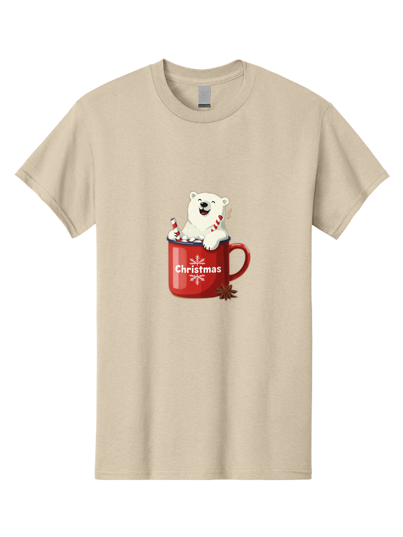 Christmas-Mug Men'S Graphic Tee, 100% Cotton, Comfortable Casual Summer Wear, Machine Washable, Polar Bear In Red Mug, Christmas Theme, Festive Decorations, Candy Cane, Marshmallows, Snowflake Design, Holiday Cheer, Winter Wonderland, Bae408