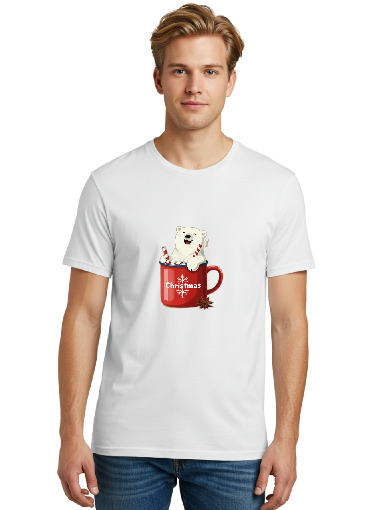 Christmas-Mug Men'S Graphic Tee, 100% Cotton, Comfortable Casual Summer Wear, Machine Washable, Polar Bear In Red Mug, Christmas Theme, Festive Decorations, Candy Cane, Marshmallows, Snowflake Design, Holiday Cheer, Winter Wonderland, Bae408