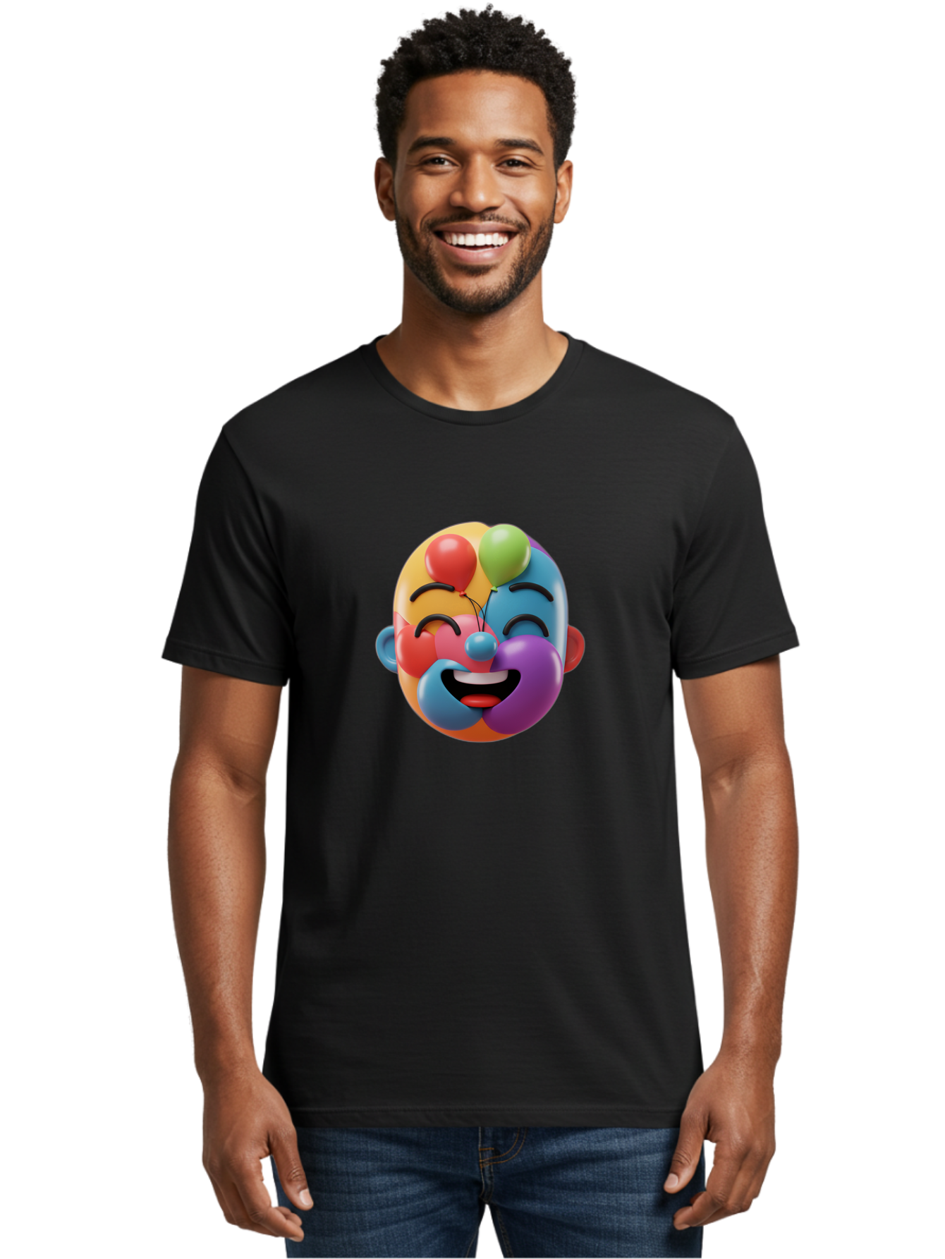 Clown-Emoji Men'S Graphic Tee, 100% Cotton, Comfortable Casual Summer Wear, Machine Washable, 3D Clown Face, Colorful Illustration, Clown Character, Balloons, Happy Expression, Vibrant Colors, Cartoon-Style, Playful Design, Joyful Atmosphere, Bae411