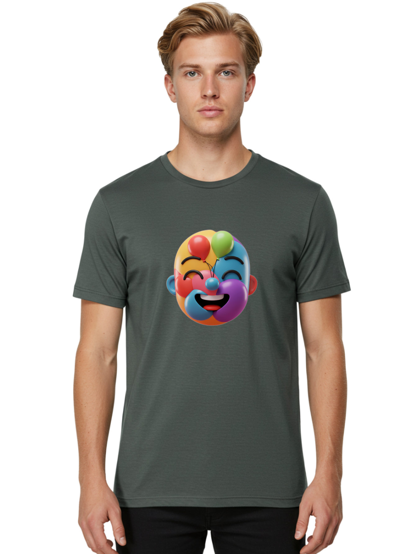 Clown-Emoji Men'S Graphic Tee, 100% Cotton, Comfortable Casual Summer Wear, Machine Washable, 3D Clown Face, Colorful Illustration, Clown Character, Balloons, Happy Expression, Vibrant Colors, Cartoon-Style, Playful Design, Joyful Atmosphere, Bae411