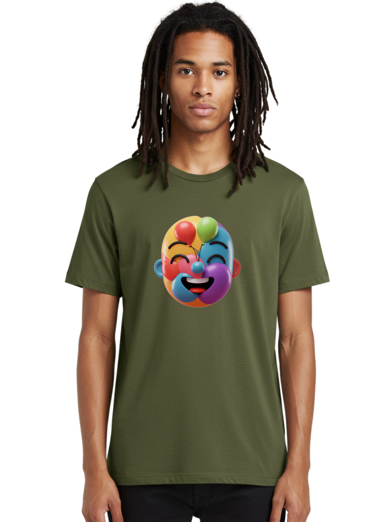 Clown-Emoji Men'S Graphic Tee, 100% Cotton, Comfortable Casual Summer Wear, Machine Washable, 3D Clown Face, Colorful Illustration, Clown Character, Balloons, Happy Expression, Vibrant Colors, Cartoon-Style, Playful Design, Joyful Atmosphere, Bae411