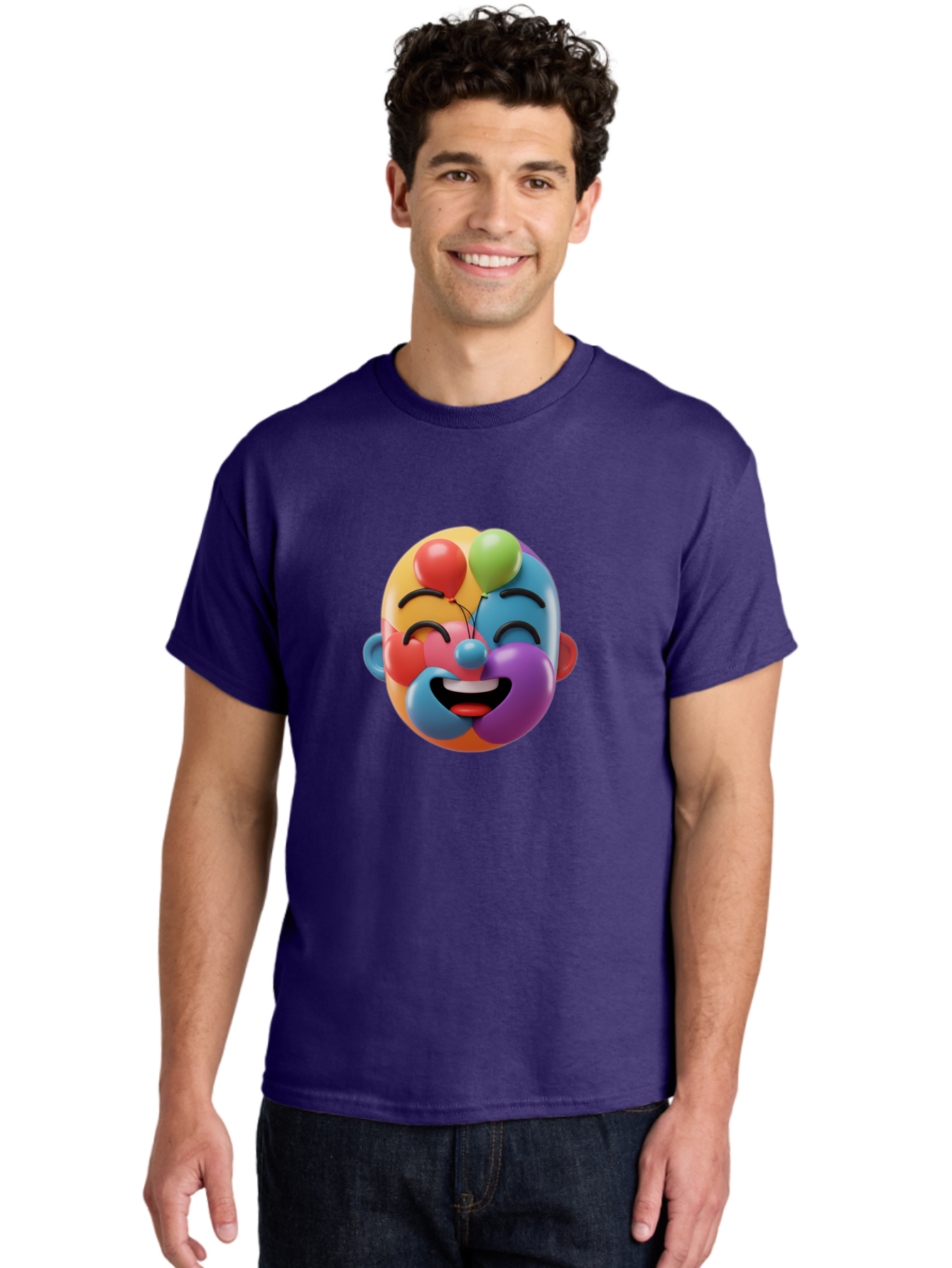 Clown-Emoji Men'S Graphic Tee, 100% Cotton, Comfortable Casual Summer Wear, Machine Washable, 3D Clown Face, Colorful Illustration, Clown Character, Balloons, Happy Expression, Vibrant Colors, Cartoon-Style, Playful Design, Joyful Atmosphere, Bae411