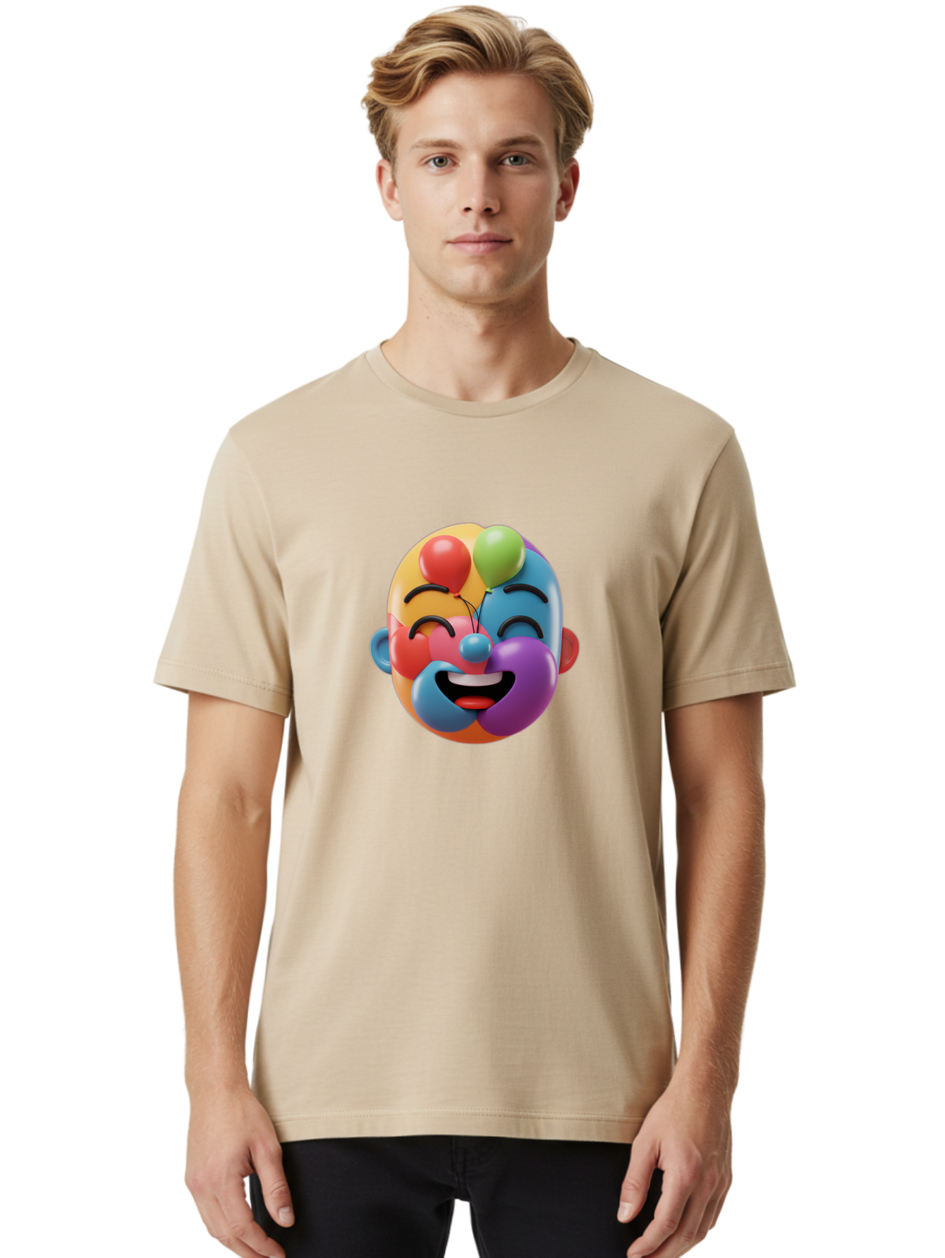 Clown-Emoji Men'S Graphic Tee, 100% Cotton, Comfortable Casual Summer Wear, Machine Washable, 3D Clown Face, Colorful Illustration, Clown Character, Balloons, Happy Expression, Vibrant Colors, Cartoon-Style, Playful Design, Joyful Atmosphere, Bae411
