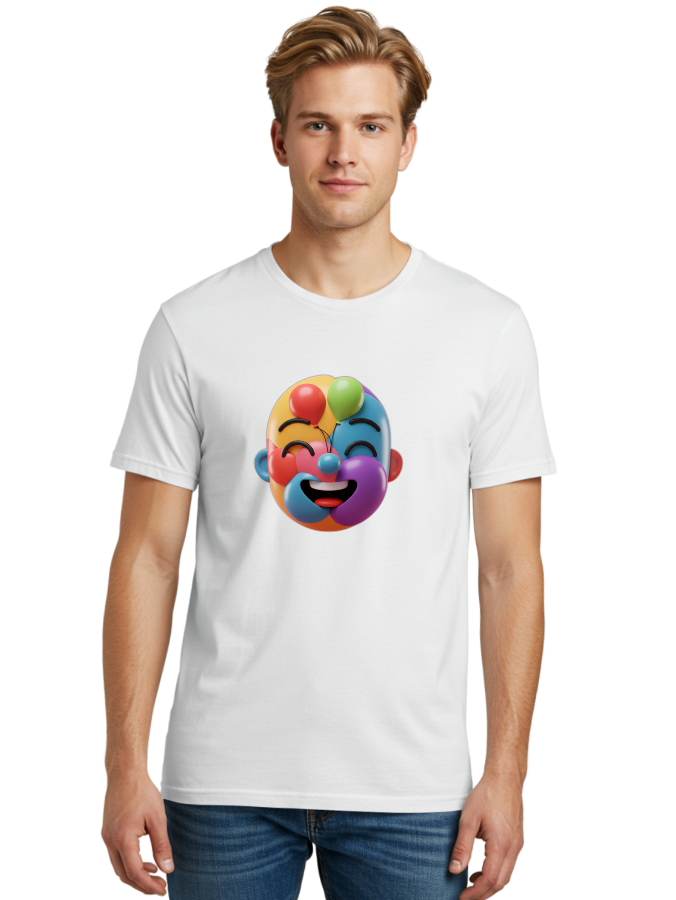 Clown-Emoji Men'S Graphic Tee, 100% Cotton, Comfortable Casual Summer Wear, Machine Washable, 3D Clown Face, Colorful Illustration, Clown Character, Balloons, Happy Expression, Vibrant Colors, Cartoon-Style, Playful Design, Joyful Atmosphere, Bae411