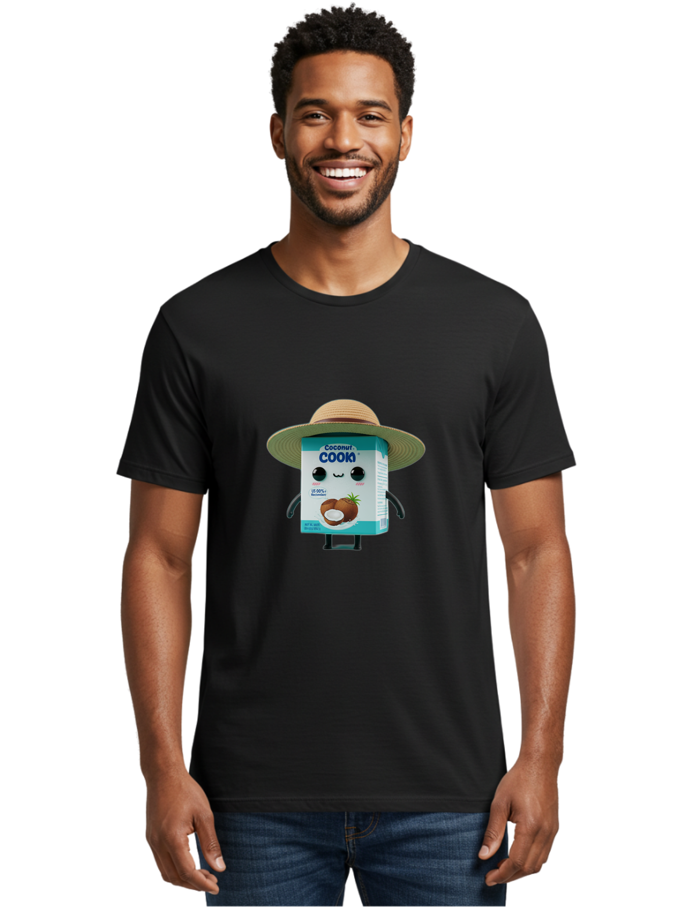 Coconut-Cook Men'S Graphic Tee, 100% Cotton, Comfortable Casual Summer Wear, Machine Washable, Carton Character, Coconut Cook, Cartoon Packaging, Animated Carton, Coconut Milk, Straw Hat, Kawaii, Funny Character, Humorous, Cute, Cartoon Style Bae412