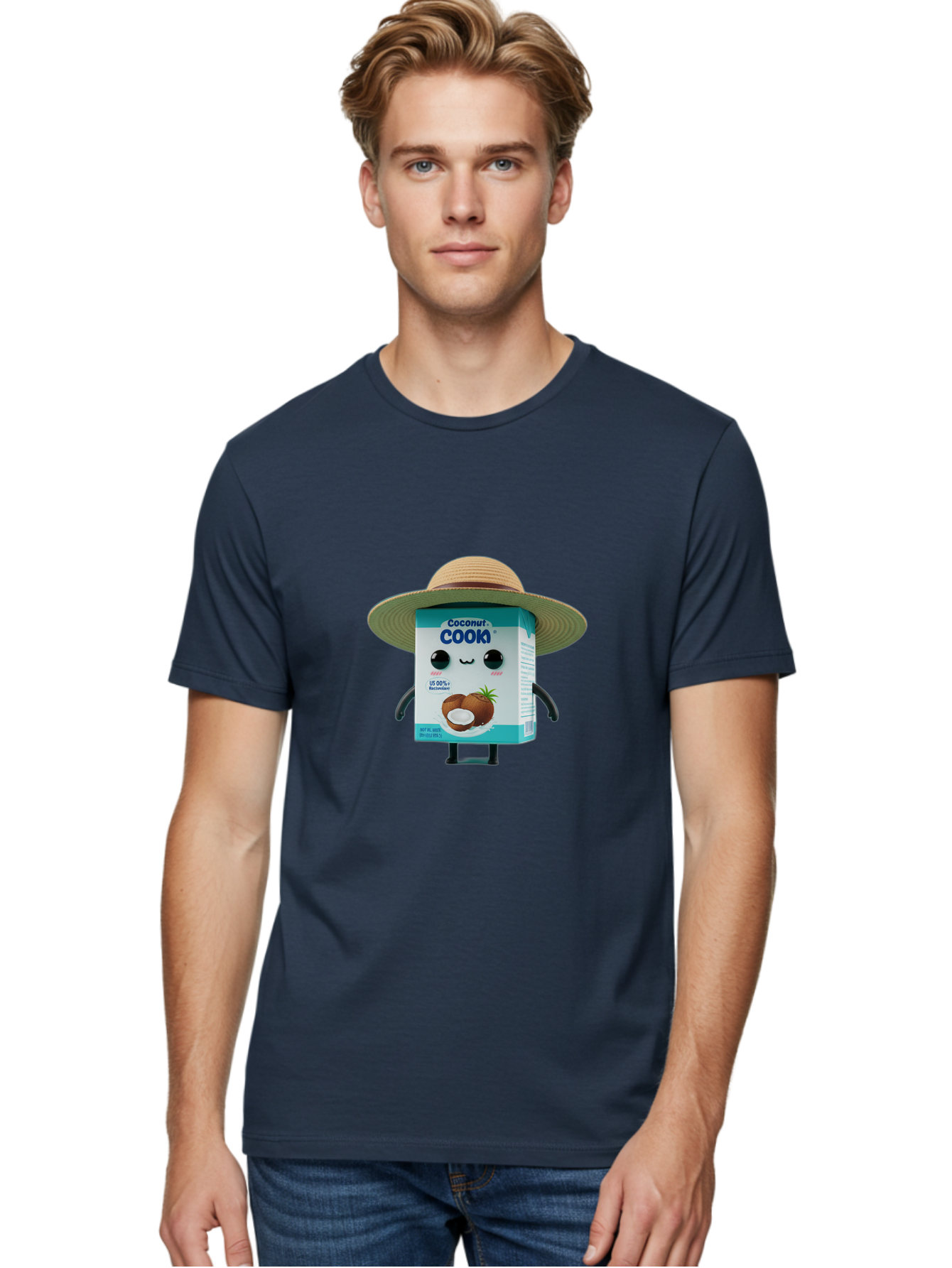 Coconut-Cook Men'S Graphic Tee, 100% Cotton, Comfortable Casual Summer Wear, Machine Washable, Carton Character, Coconut Cook, Cartoon Packaging, Animated Carton, Coconut Milk, Straw Hat, Kawaii, Funny Character, Humorous, Cute, Cartoon Style Bae412