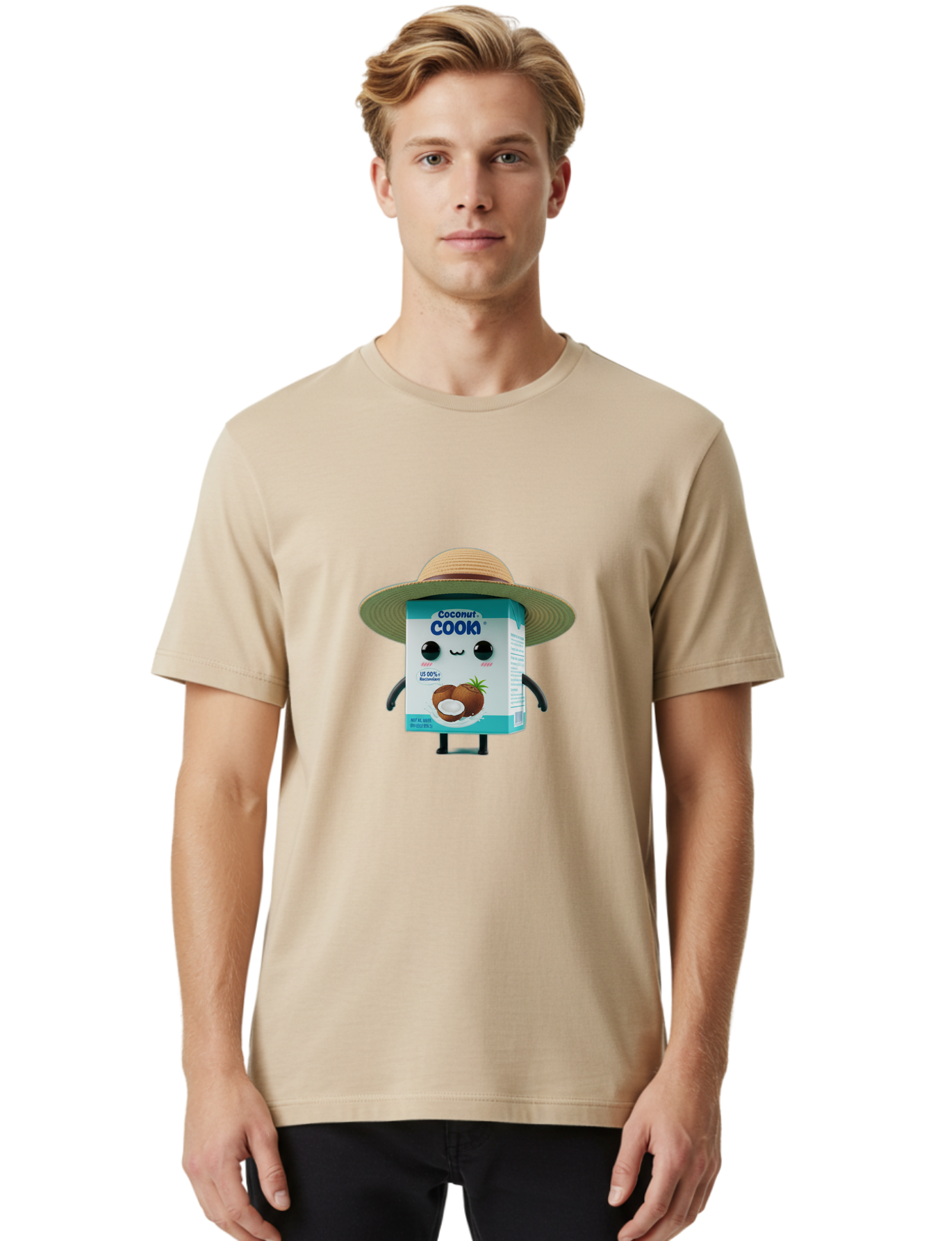 Coconut-Cook Men'S Graphic Tee, 100% Cotton, Comfortable Casual Summer Wear, Machine Washable, Carton Character, Coconut Cook, Cartoon Packaging, Animated Carton, Coconut Milk, Straw Hat, Kawaii, Funny Character, Humorous, Cute, Cartoon Style Bae412