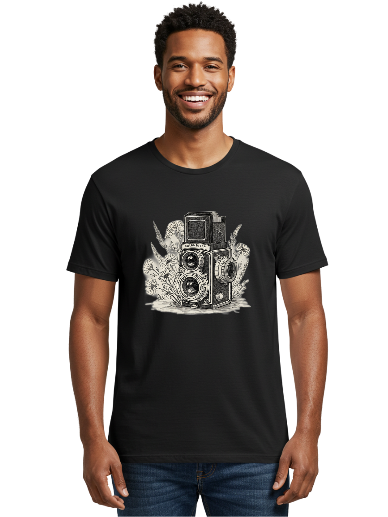 Colonbiler-Camera Men'S Graphic Tee, 100% Cotton, Comfortable Casual Summer Wear, Machine Washable, Vintage Camera, Retro Photography, Flowers, Daisies, Illustration, Black And White, Colonbiler, Photography Equipment Bae413