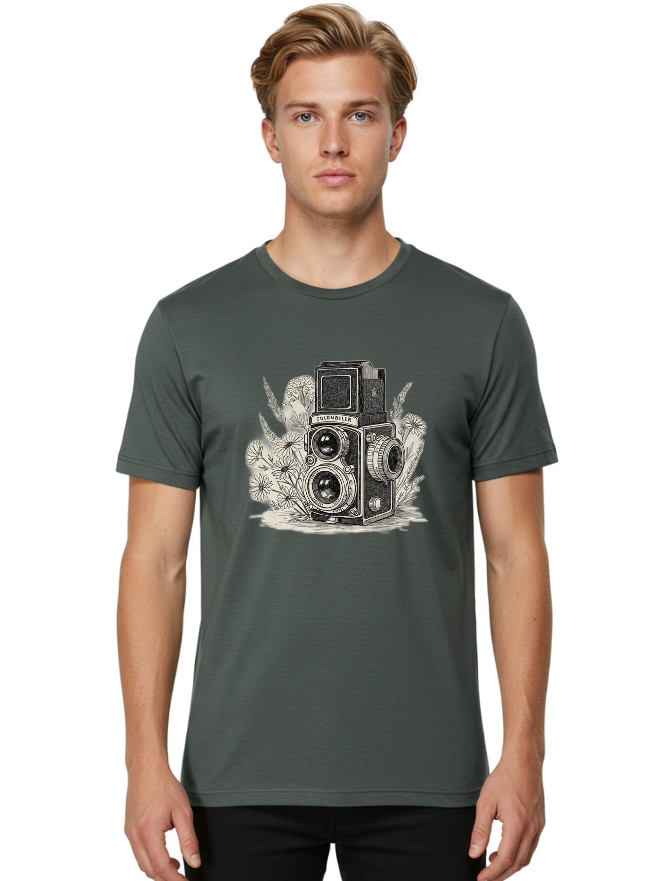Colonbiler-Camera Men'S Graphic Tee, 100% Cotton, Comfortable Casual Summer Wear, Machine Washable, Vintage Camera, Retro Photography, Flowers, Daisies, Illustration, Black And White, Colonbiler, Photography Equipment Bae413
