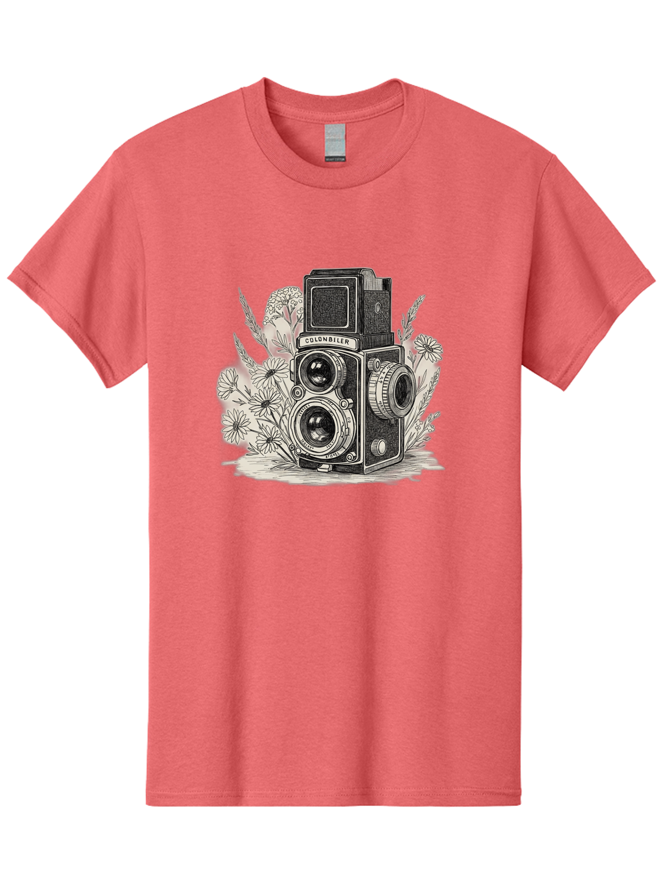 Colonbiler-Camera Men'S Graphic Tee, 100% Cotton, Comfortable Casual Summer Wear, Machine Washable, Vintage Camera, Retro Photography, Flowers, Daisies, Illustration, Black And White, Colonbiler, Photography Equipment Bae413