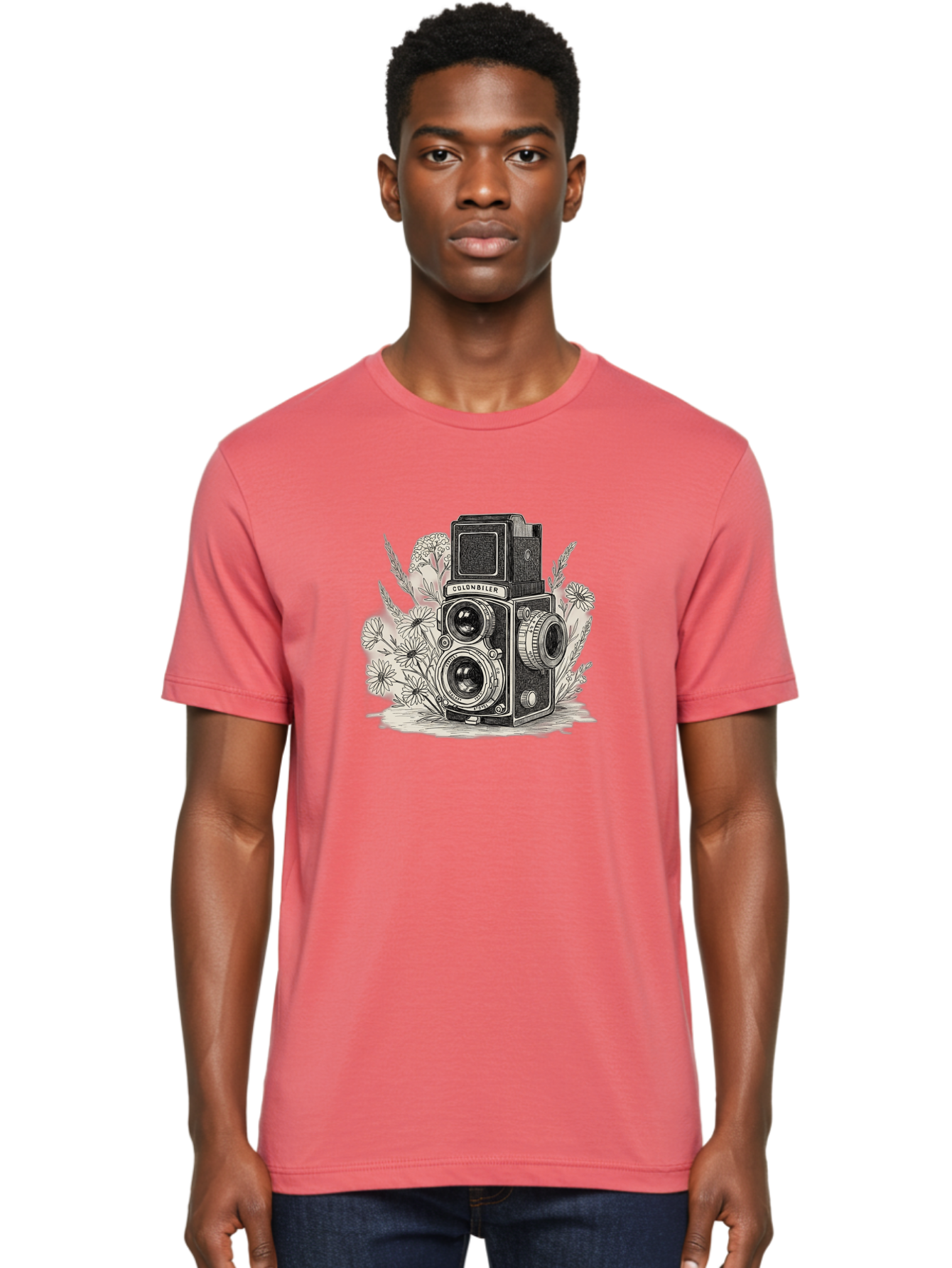 Colonbiler-Camera Men'S Graphic Tee, 100% Cotton, Comfortable Casual Summer Wear, Machine Washable, Vintage Camera, Retro Photography, Flowers, Daisies, Illustration, Black And White, Colonbiler, Photography Equipment Bae413
