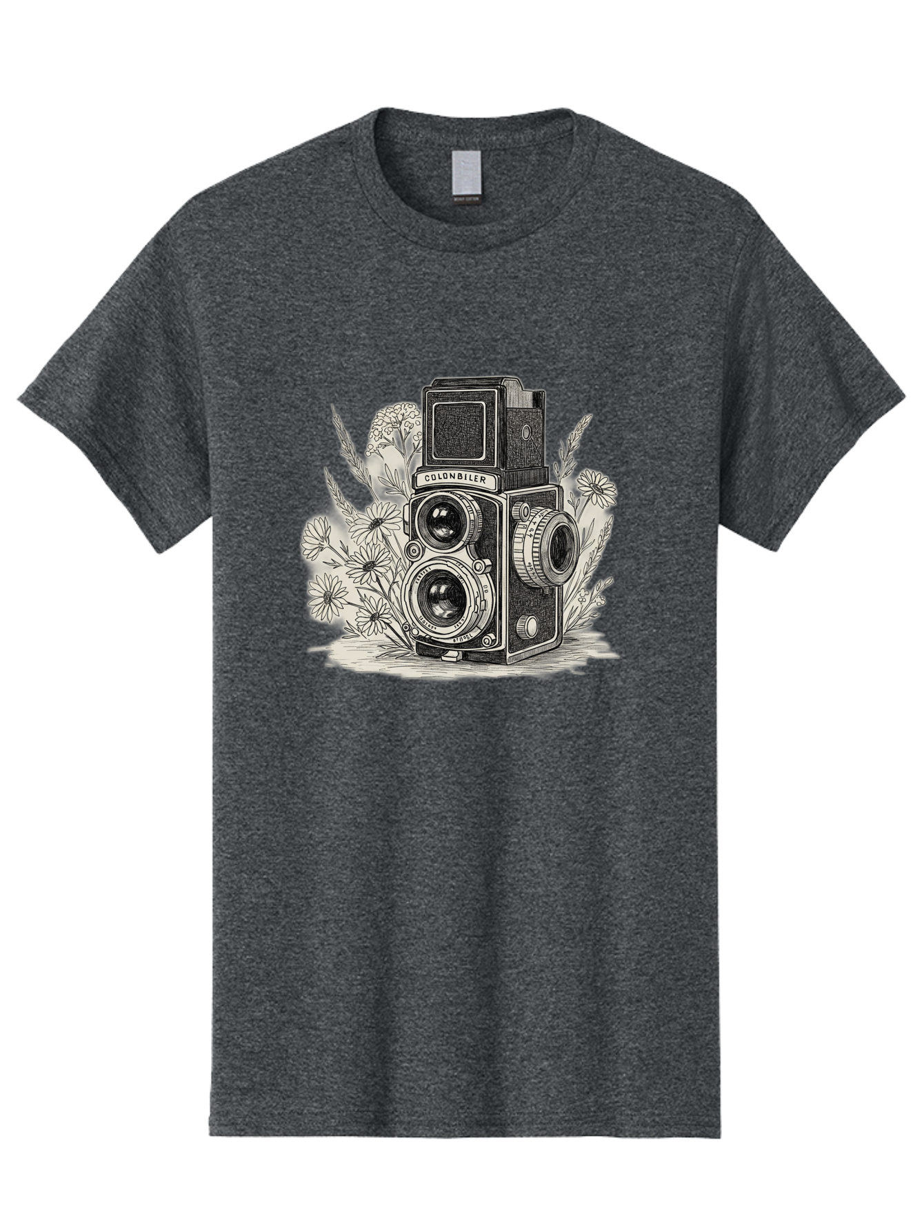 Colonbiler-Camera Men'S Graphic Tee, 100% Cotton, Comfortable Casual Summer Wear, Machine Washable, Vintage Camera, Retro Photography, Flowers, Daisies, Illustration, Black And White, Colonbiler, Photography Equipment Bae413