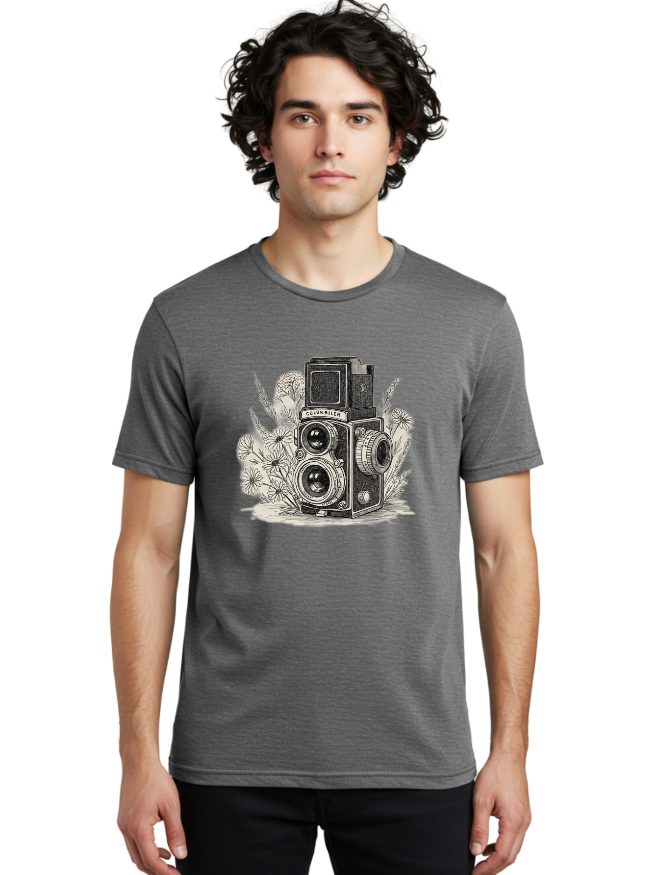 Colonbiler-Camera Men'S Graphic Tee, 100% Cotton, Comfortable Casual Summer Wear, Machine Washable, Vintage Camera, Retro Photography, Flowers, Daisies, Illustration, Black And White, Colonbiler, Photography Equipment Bae413