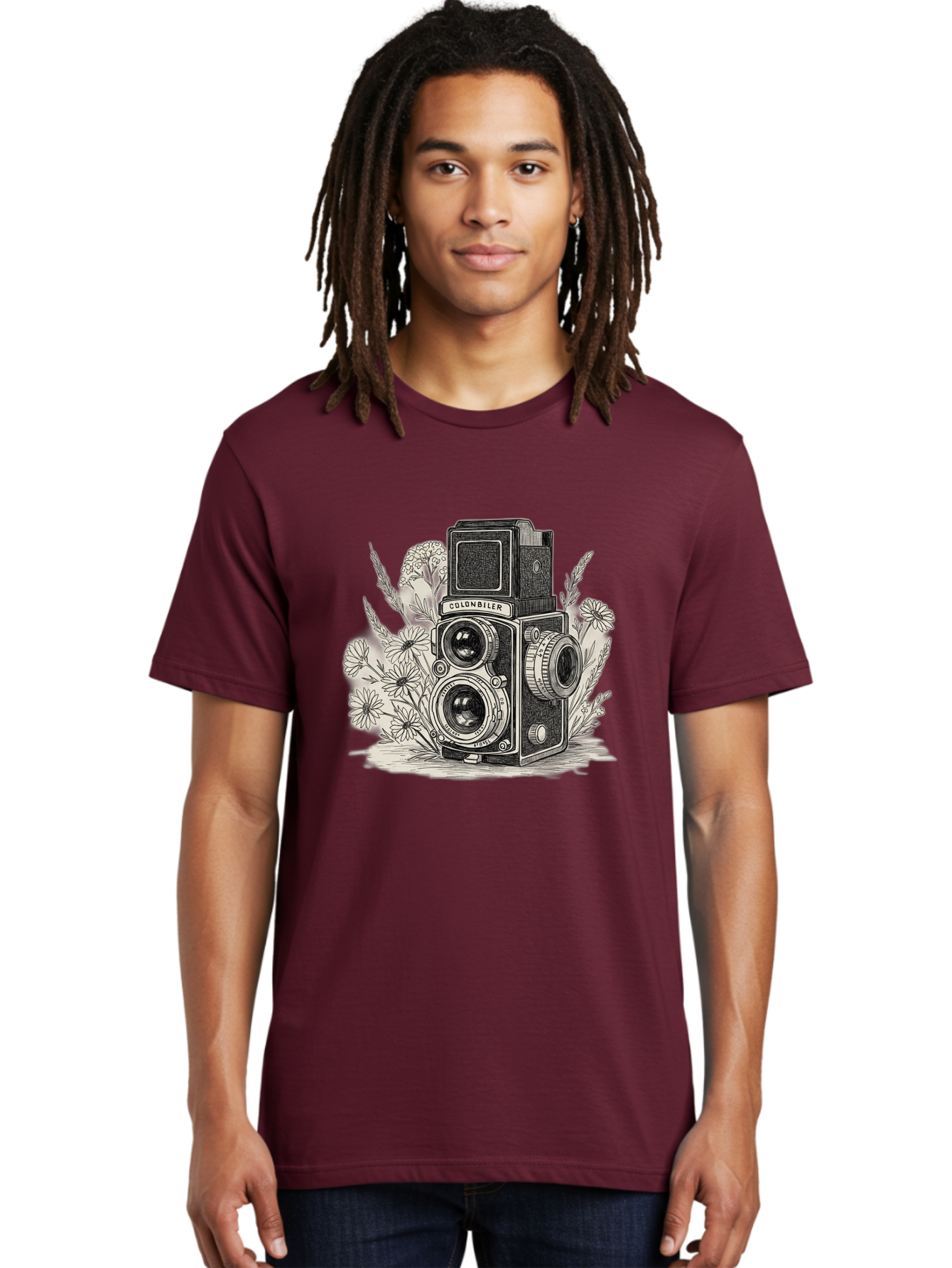 Colonbiler-Camera Men'S Graphic Tee, 100% Cotton, Comfortable Casual Summer Wear, Machine Washable, Vintage Camera, Retro Photography, Flowers, Daisies, Illustration, Black And White, Colonbiler, Photography Equipment Bae413