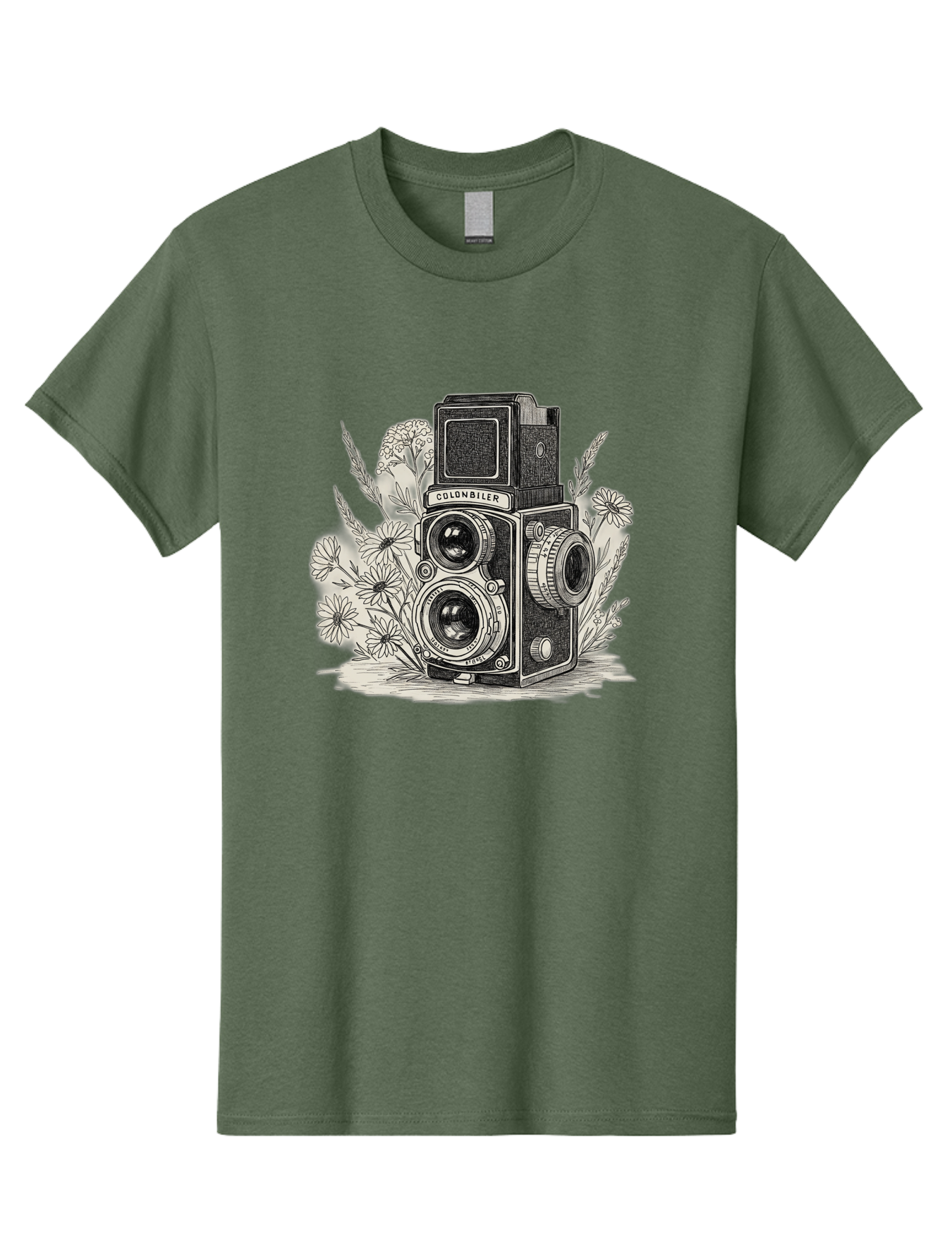 Colonbiler-Camera Men'S Graphic Tee, 100% Cotton, Comfortable Casual Summer Wear, Machine Washable, Vintage Camera, Retro Photography, Flowers, Daisies, Illustration, Black And White, Colonbiler, Photography Equipment Bae413