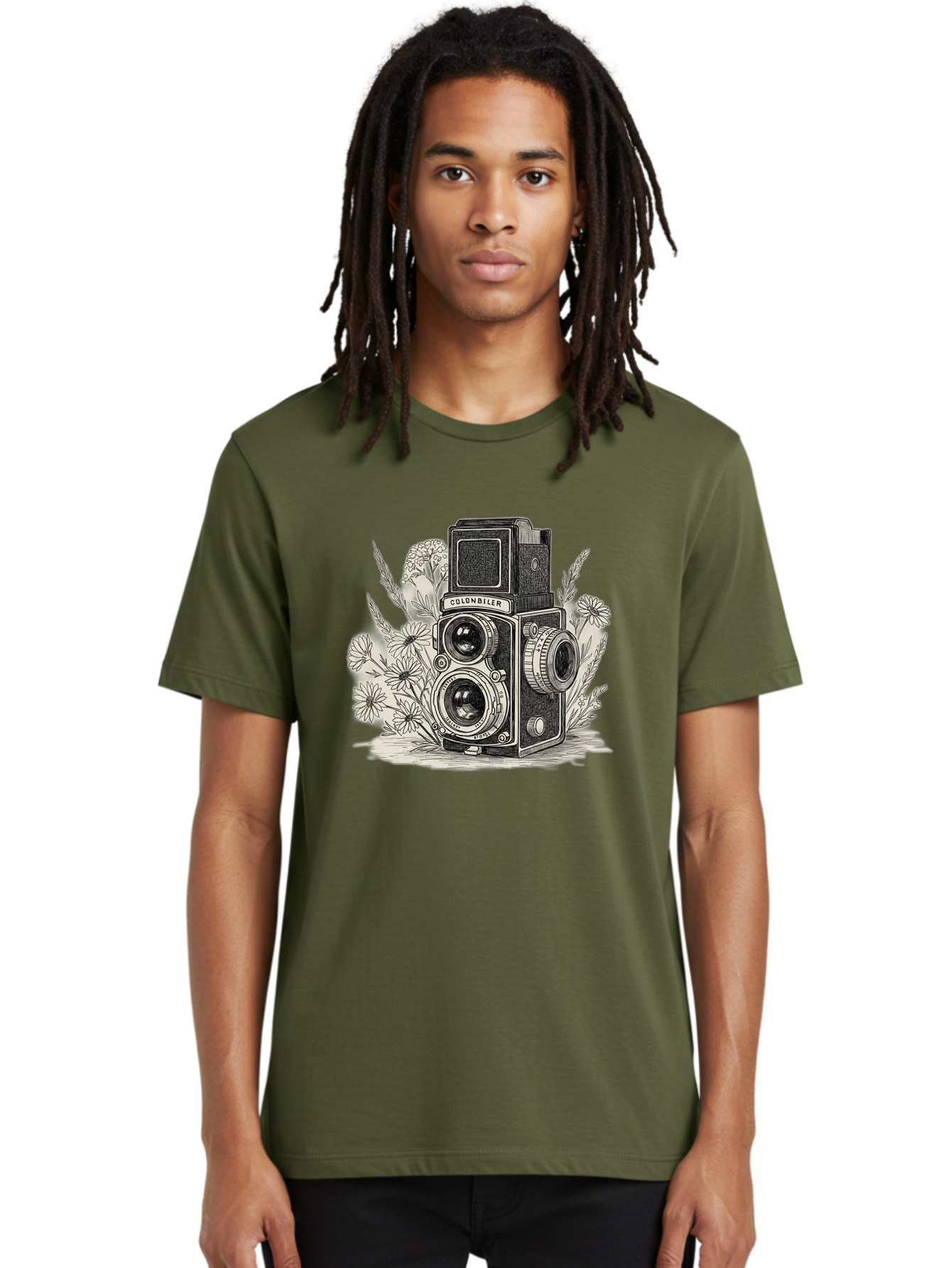 Colonbiler-Camera Men'S Graphic Tee, 100% Cotton, Comfortable Casual Summer Wear, Machine Washable, Vintage Camera, Retro Photography, Flowers, Daisies, Illustration, Black And White, Colonbiler, Photography Equipment Bae413
