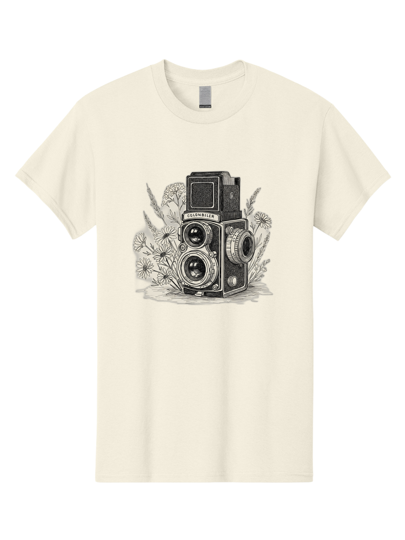 Colonbiler-Camera Men'S Graphic Tee, 100% Cotton, Comfortable Casual Summer Wear, Machine Washable, Vintage Camera, Retro Photography, Flowers, Daisies, Illustration, Black And White, Colonbiler, Photography Equipment Bae413