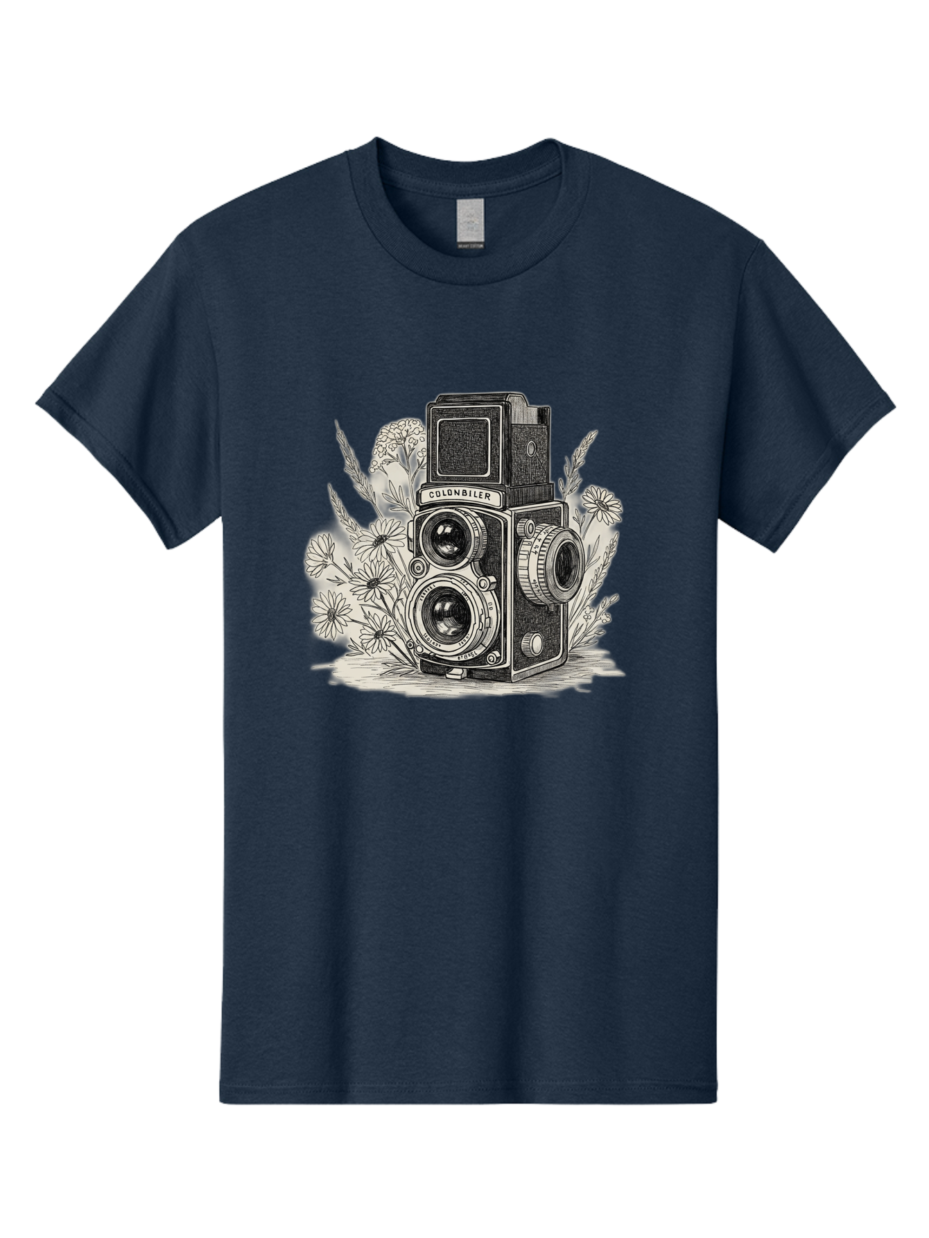 Colonbiler-Camera Men'S Graphic Tee, 100% Cotton, Comfortable Casual Summer Wear, Machine Washable, Vintage Camera, Retro Photography, Flowers, Daisies, Illustration, Black And White, Colonbiler, Photography Equipment Bae413