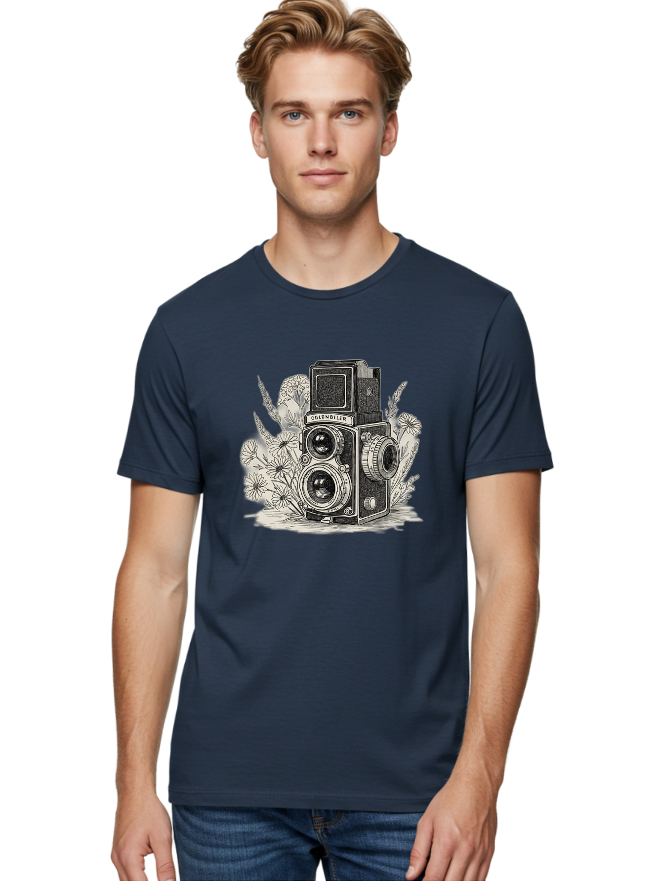 Colonbiler-Camera Men'S Graphic Tee, 100% Cotton, Comfortable Casual Summer Wear, Machine Washable, Vintage Camera, Retro Photography, Flowers, Daisies, Illustration, Black And White, Colonbiler, Photography Equipment Bae413
