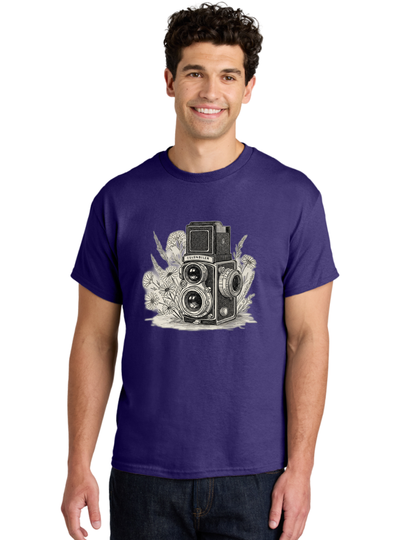 Colonbiler-Camera Men'S Graphic Tee, 100% Cotton, Comfortable Casual Summer Wear, Machine Washable, Vintage Camera, Retro Photography, Flowers, Daisies, Illustration, Black And White, Colonbiler, Photography Equipment Bae413