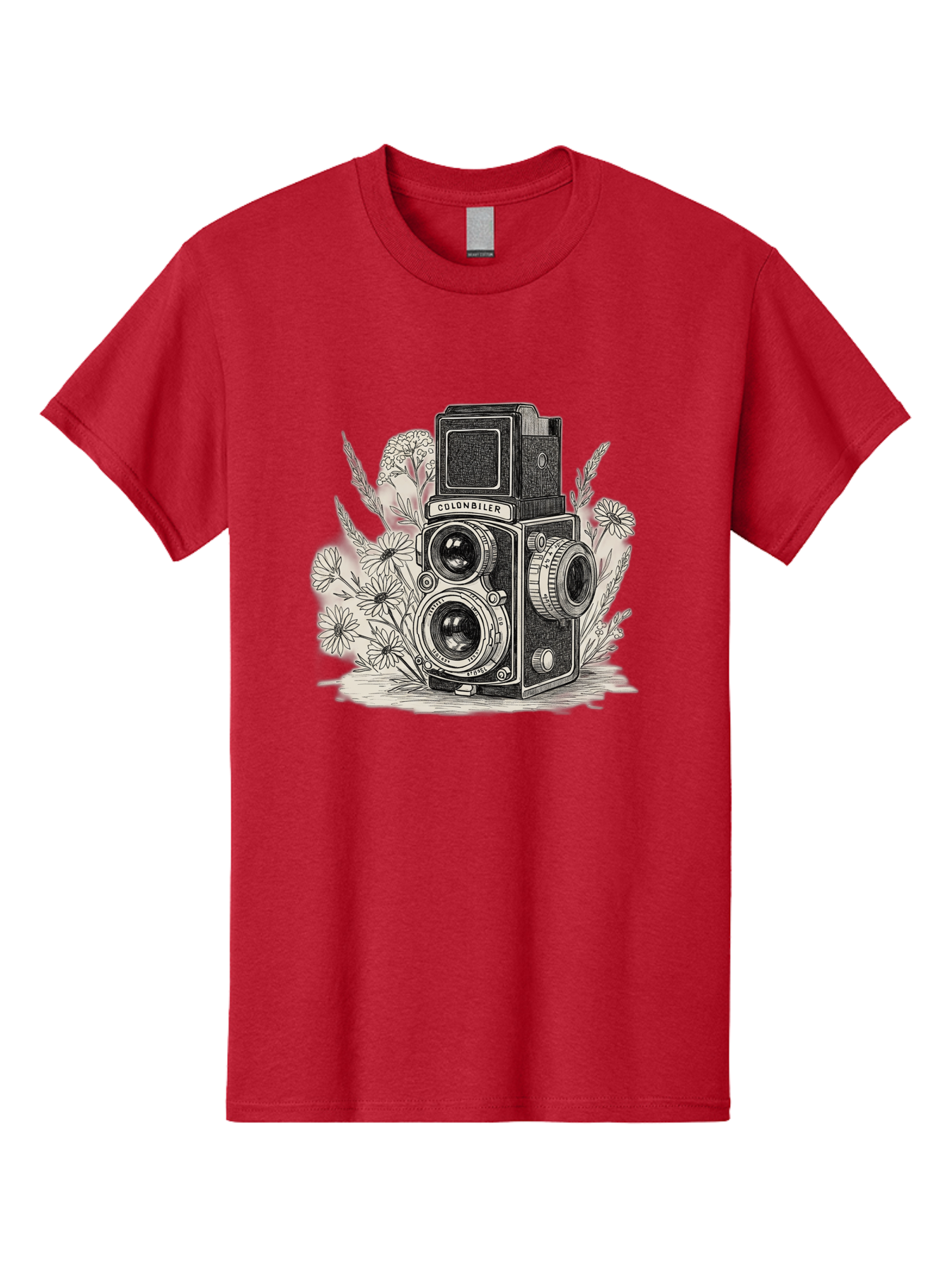Colonbiler-Camera Men'S Graphic Tee, 100% Cotton, Comfortable Casual Summer Wear, Machine Washable, Vintage Camera, Retro Photography, Flowers, Daisies, Illustration, Black And White, Colonbiler, Photography Equipment Bae413