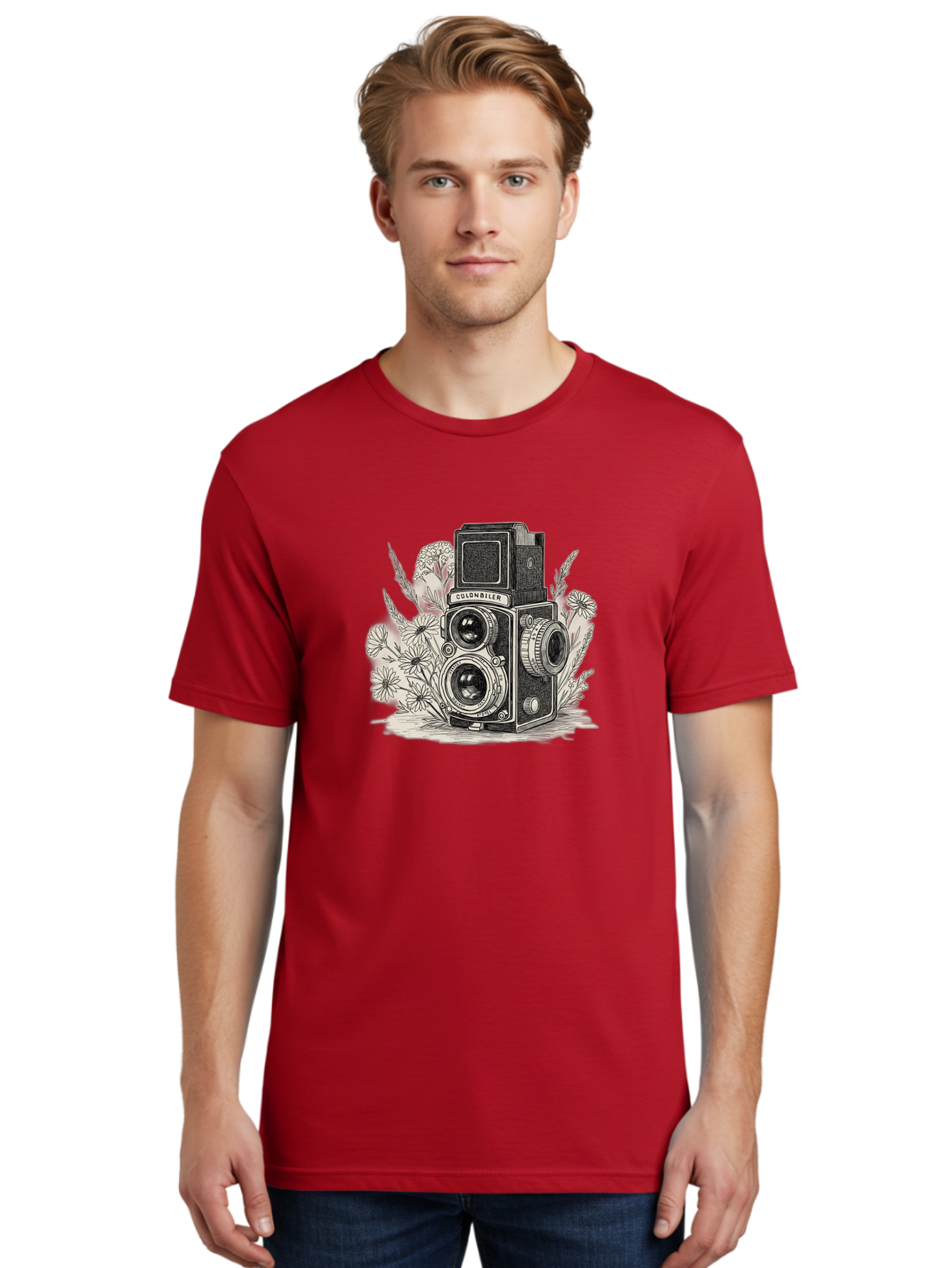 Colonbiler-Camera Men'S Graphic Tee, 100% Cotton, Comfortable Casual Summer Wear, Machine Washable, Vintage Camera, Retro Photography, Flowers, Daisies, Illustration, Black And White, Colonbiler, Photography Equipment Bae413