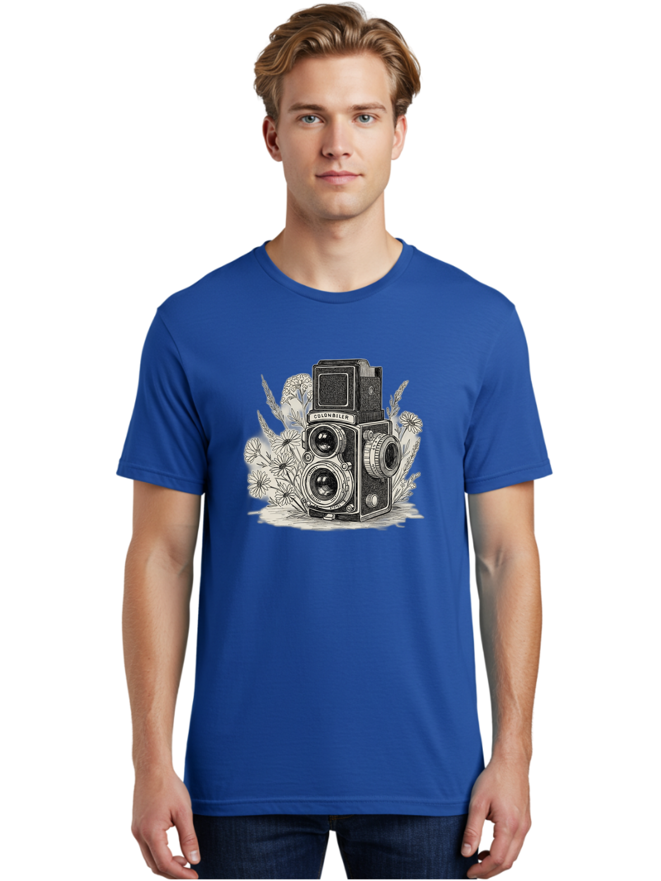 Colonbiler-Camera Men'S Graphic Tee, 100% Cotton, Comfortable Casual Summer Wear, Machine Washable, Vintage Camera, Retro Photography, Flowers, Daisies, Illustration, Black And White, Colonbiler, Photography Equipment Bae413