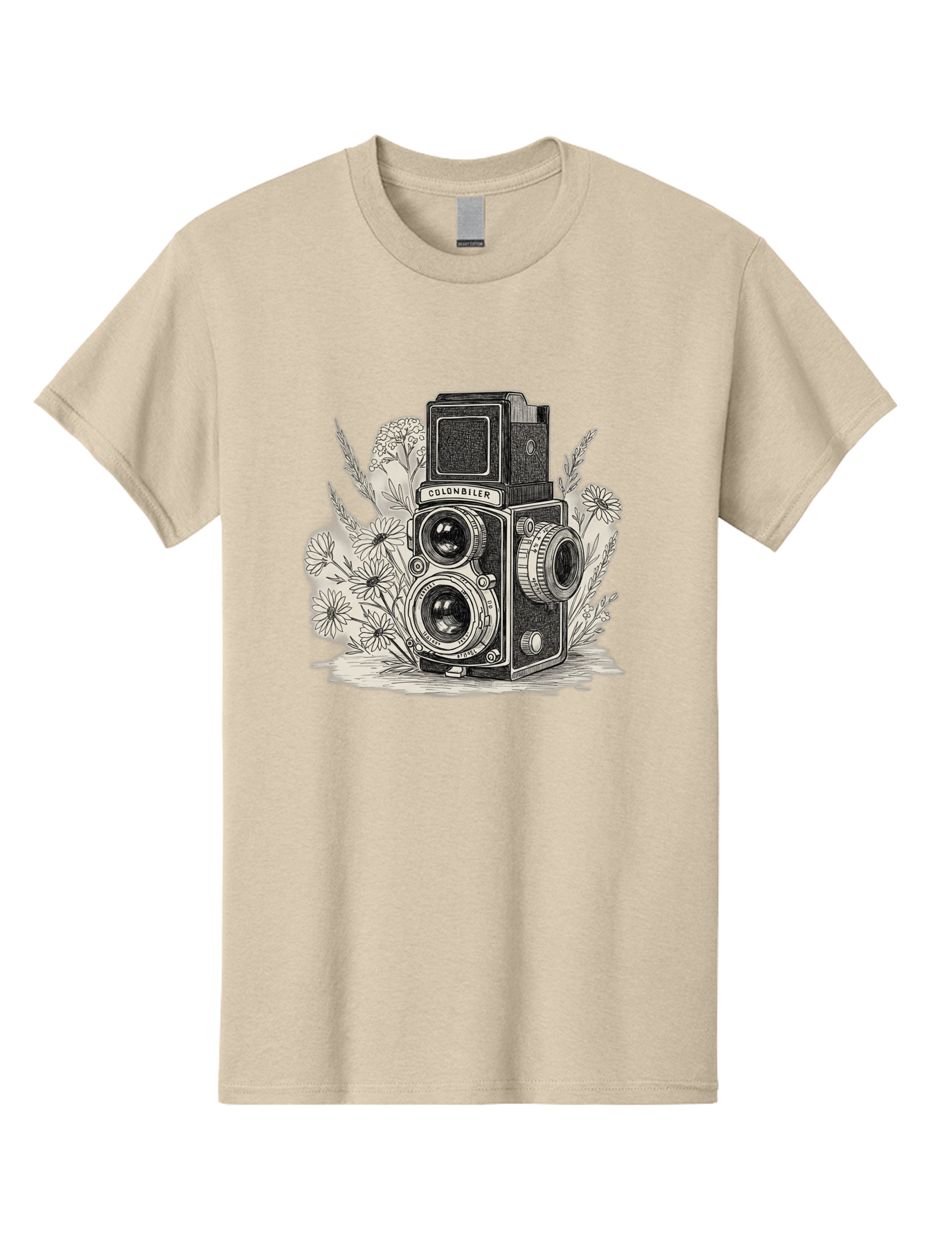Colonbiler-Camera Men'S Graphic Tee, 100% Cotton, Comfortable Casual Summer Wear, Machine Washable, Vintage Camera, Retro Photography, Flowers, Daisies, Illustration, Black And White, Colonbiler, Photography Equipment Bae413