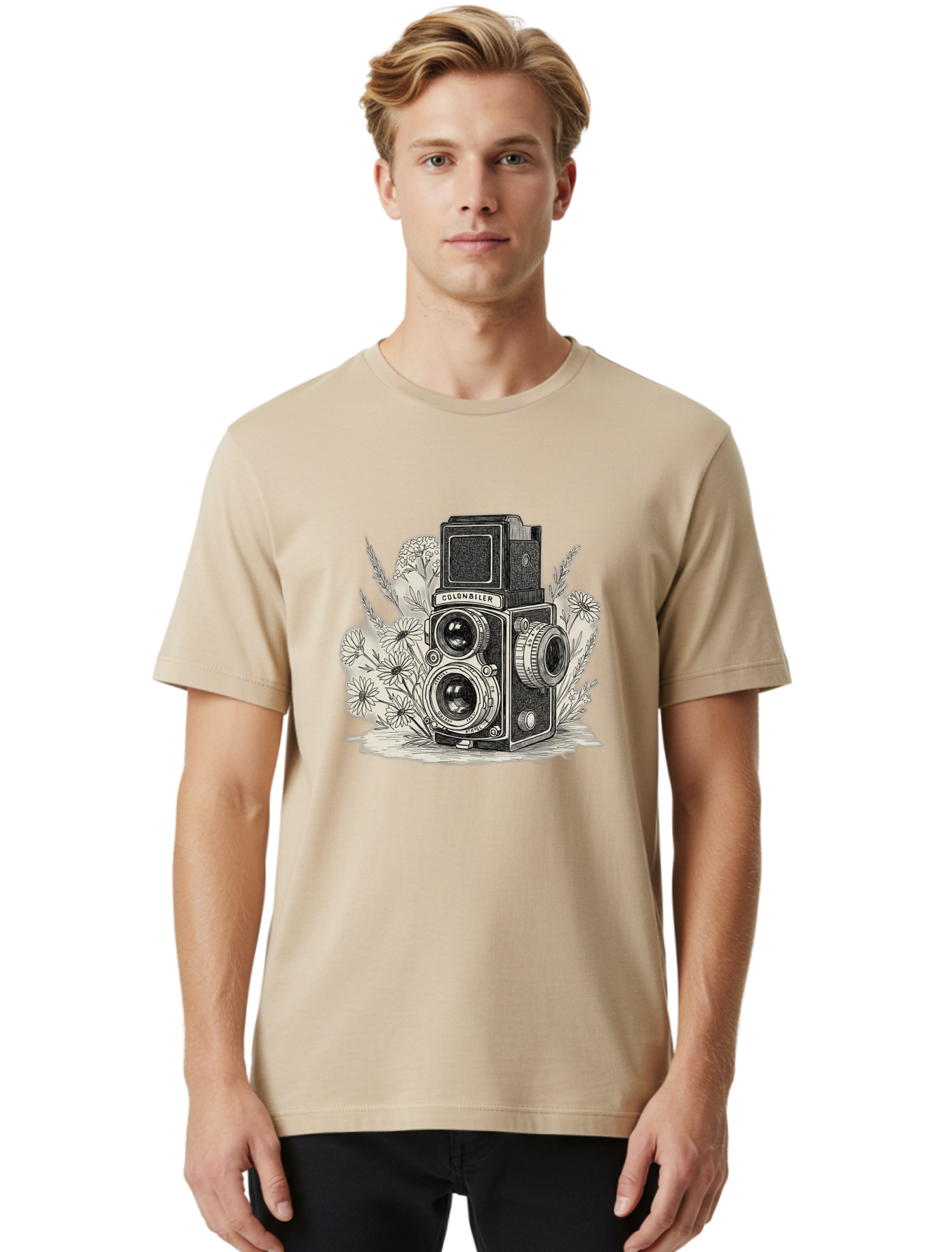 Colonbiler-Camera Men'S Graphic Tee, 100% Cotton, Comfortable Casual Summer Wear, Machine Washable, Vintage Camera, Retro Photography, Flowers, Daisies, Illustration, Black And White, Colonbiler, Photography Equipment Bae413