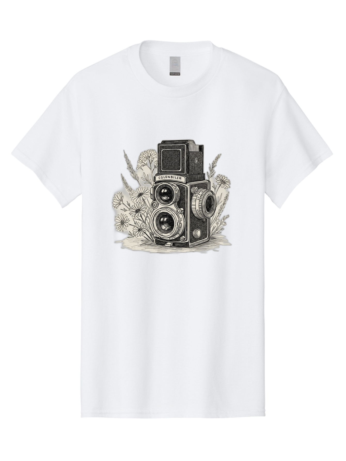 Colonbiler-Camera Men'S Graphic Tee, 100% Cotton, Comfortable Casual Summer Wear, Machine Washable, Vintage Camera, Retro Photography, Flowers, Daisies, Illustration, Black And White, Colonbiler, Photography Equipment Bae413