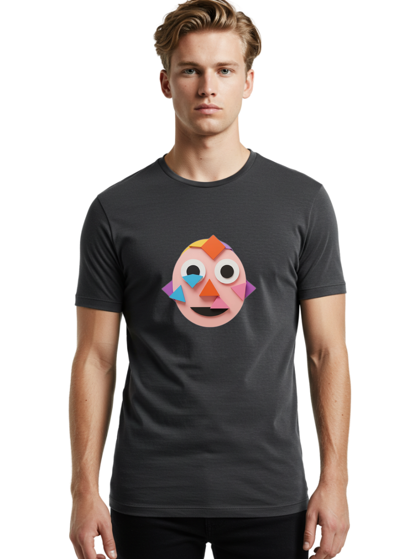 Colourful-Face Men'S Graphic Tee, 100% Cotton, Comfortable Casual Summer Wear, Machine Washable, Paper Craft Face, Colorful Geometric Shapes, Creative Art, Playful Design, Smiling Face, Happy Expression, Art Project, Diy Craft, Kids Activity Bae414