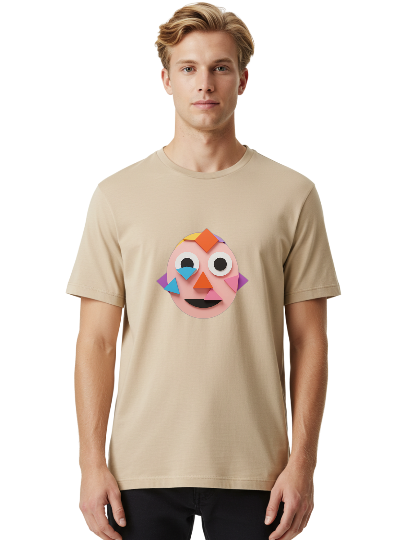 Colourful-Face Men'S Graphic Tee, 100% Cotton, Comfortable Casual Summer Wear, Machine Washable, Paper Craft Face, Colorful Geometric Shapes, Creative Art, Playful Design, Smiling Face, Happy Expression, Art Project, Diy Craft, Kids Activity Bae414