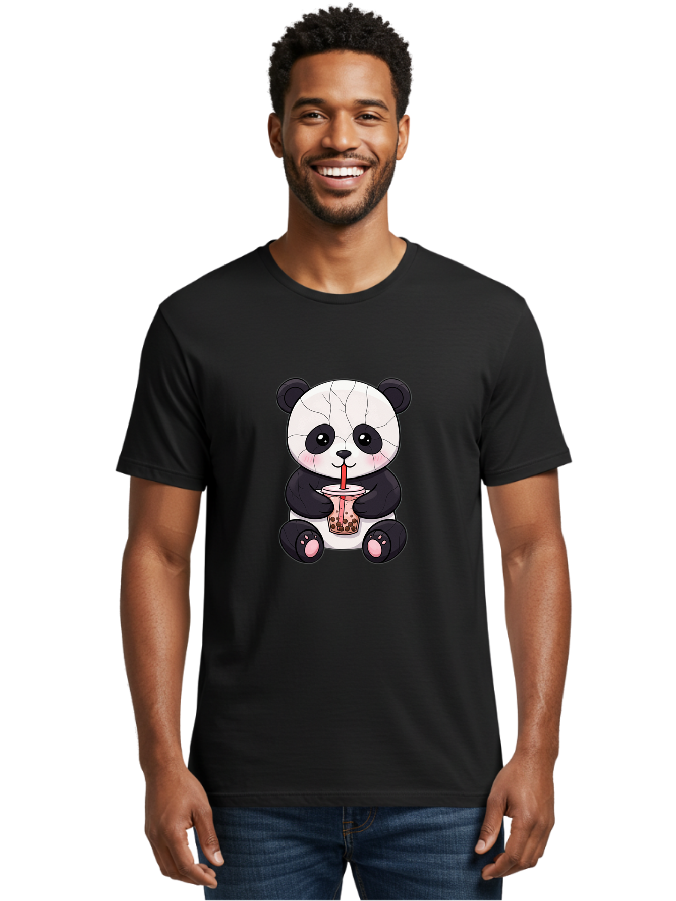 Cracked-Panda-Drinking-Bubble-Tea Men'S Graphic Tee, 100% Cotton, Comfortable Casual Summer Wear, Machine Washable, Kawaii Panda, Bubble Tea, Cracked Face, Cute Cartoon, Adorable Bear, Boba Tea, Tea Cup, Cute Drink, Smiling Panda, Kawaii Art, Bae416