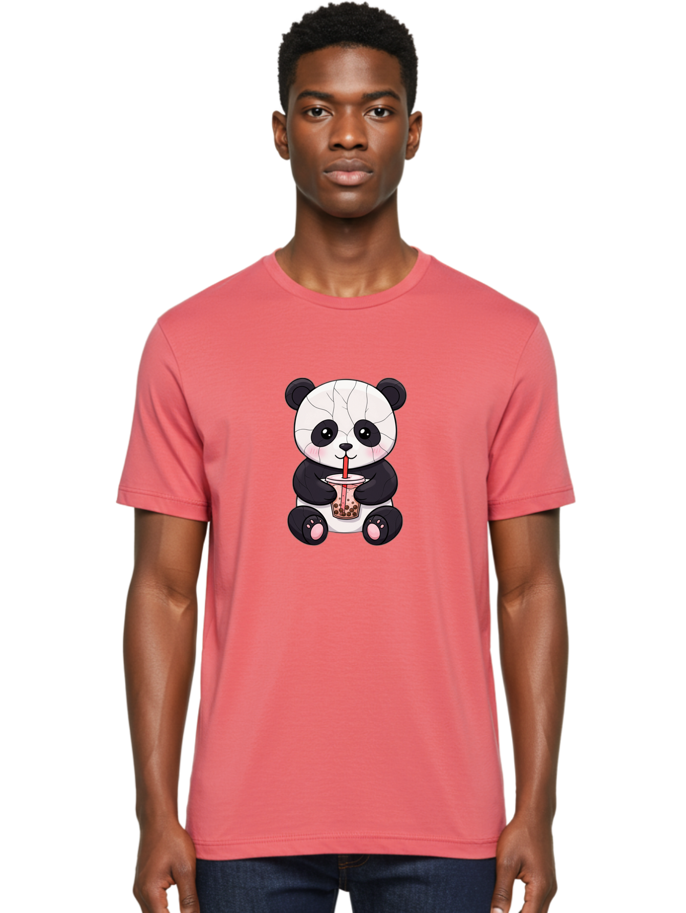 Cracked-Panda-Drinking-Bubble-Tea Men'S Graphic Tee, 100% Cotton, Comfortable Casual Summer Wear, Machine Washable, Kawaii Panda, Bubble Tea, Cracked Face, Cute Cartoon, Adorable Bear, Boba Tea, Tea Cup, Cute Drink, Smiling Panda, Kawaii Art, Bae416