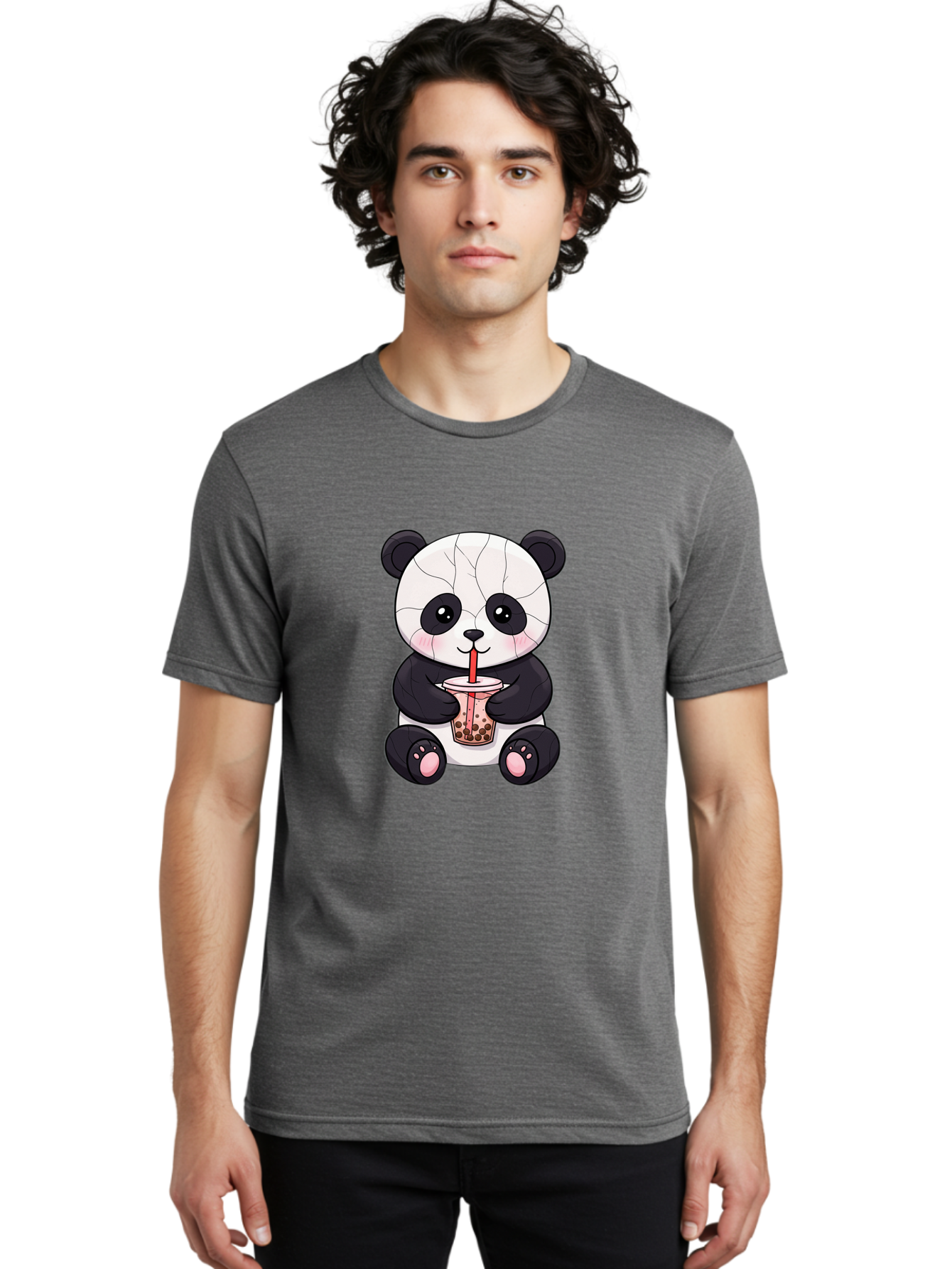Cracked-Panda-Drinking-Bubble-Tea Men'S Graphic Tee, 100% Cotton, Comfortable Casual Summer Wear, Machine Washable, Kawaii Panda, Bubble Tea, Cracked Face, Cute Cartoon, Adorable Bear, Boba Tea, Tea Cup, Cute Drink, Smiling Panda, Kawaii Art, Bae416