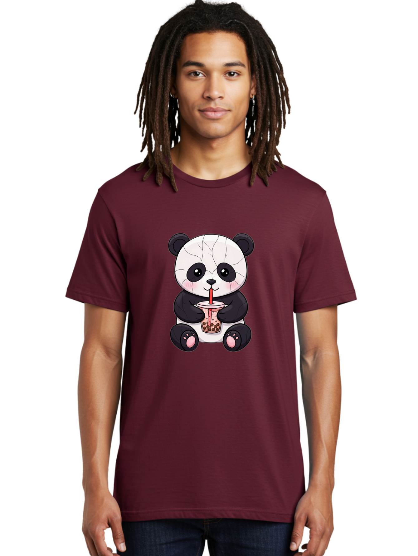 Cracked-Panda-Drinking-Bubble-Tea Men'S Graphic Tee, 100% Cotton, Comfortable Casual Summer Wear, Machine Washable, Kawaii Panda, Bubble Tea, Cracked Face, Cute Cartoon, Adorable Bear, Boba Tea, Tea Cup, Cute Drink, Smiling Panda, Kawaii Art, Bae416