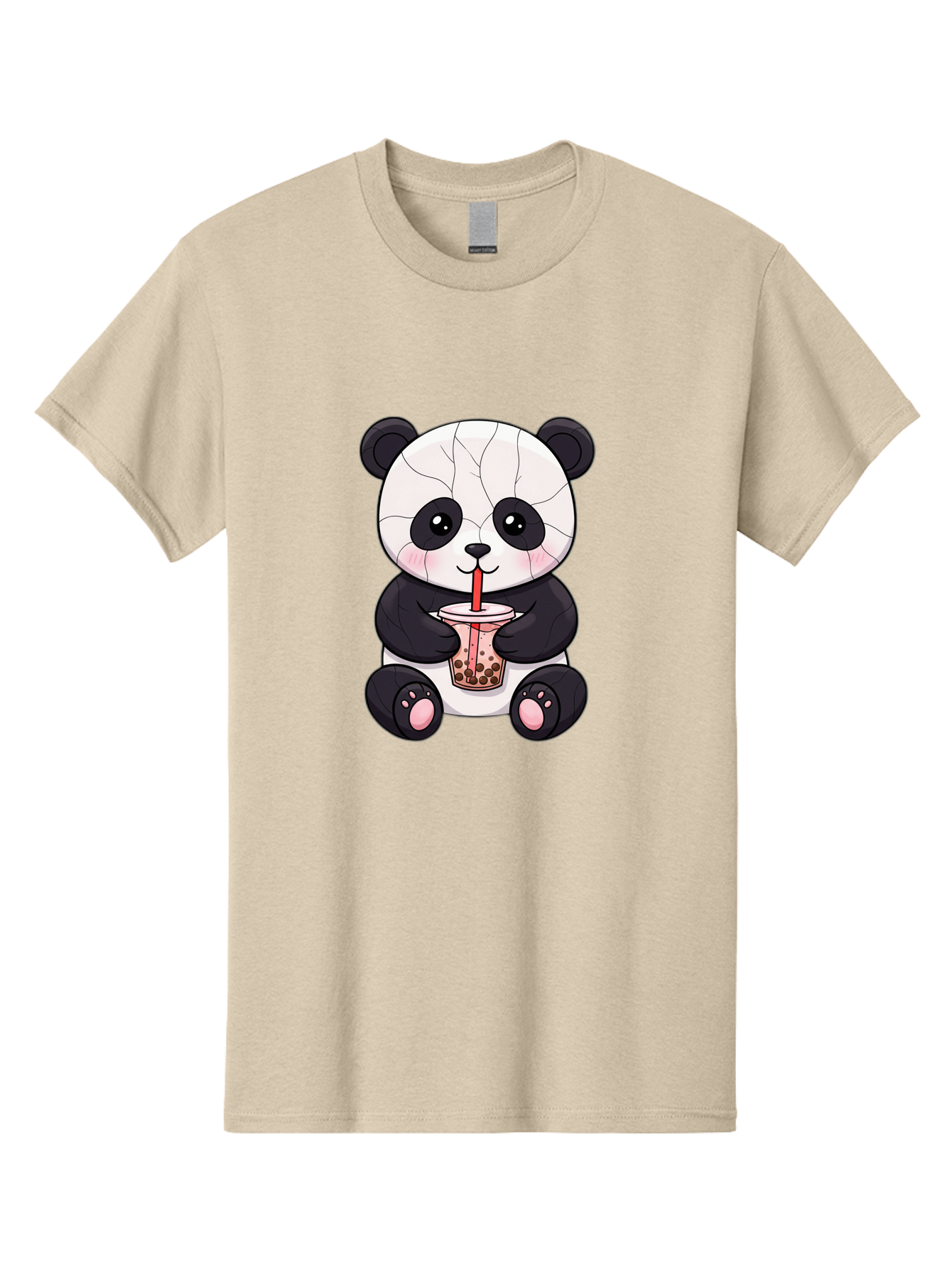 Cracked-Panda-Drinking-Bubble-Tea Men'S Graphic Tee, 100% Cotton, Comfortable Casual Summer Wear, Machine Washable, Kawaii Panda, Bubble Tea, Cracked Face, Cute Cartoon, Adorable Bear, Boba Tea, Tea Cup, Cute Drink, Smiling Panda, Kawaii Art, Bae416