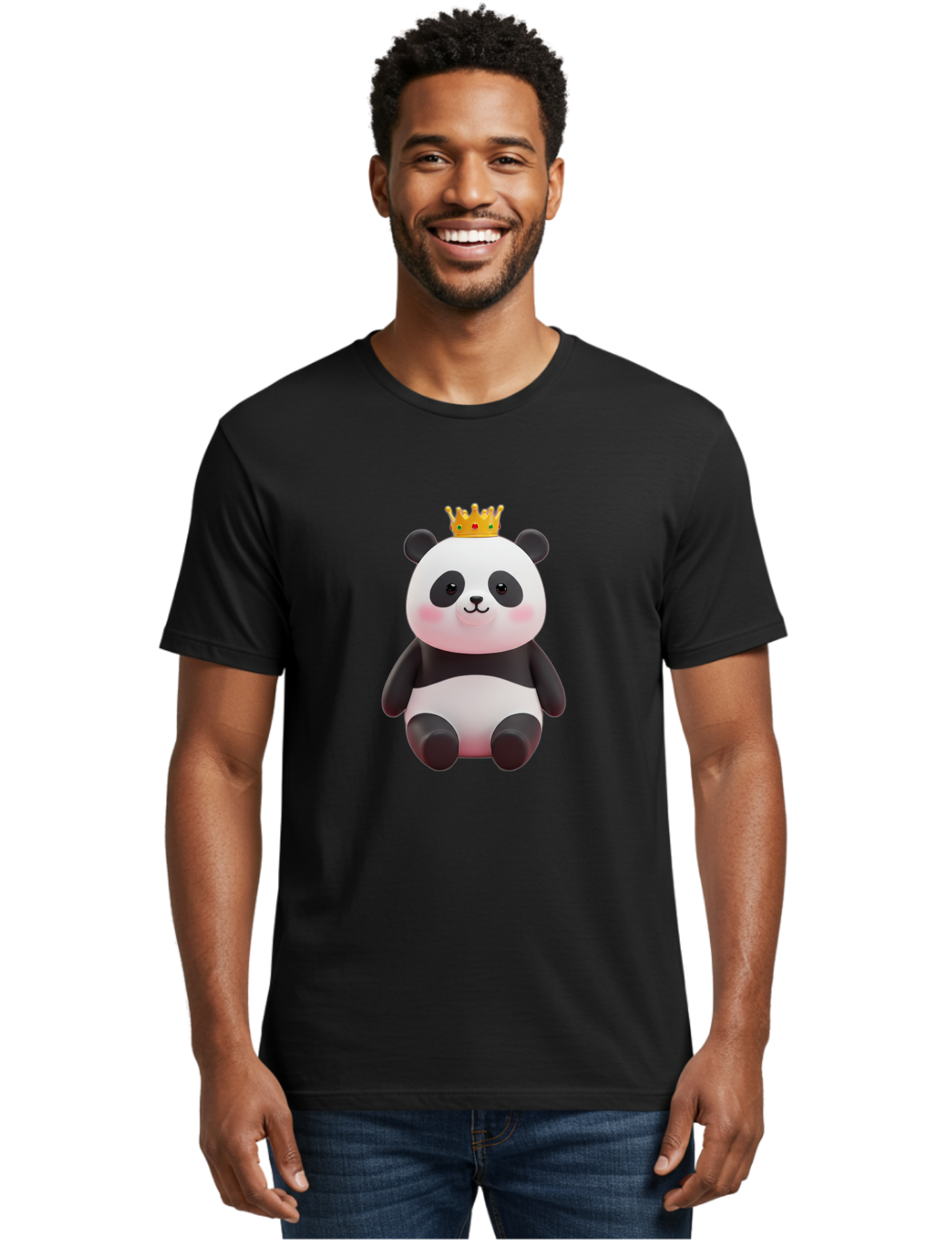 Crowned-Panda-1 Men'S Graphic Tee, 100% Cotton, Comfortable Casual Summer Wear, Machine Washable, Cartoon Panda, 3D Illustration, Panda Bear, Crown On Head, Regal Animal, Cute Expression, Rosy Cheeks, Kawaii Character, Adorable Design, Bae419