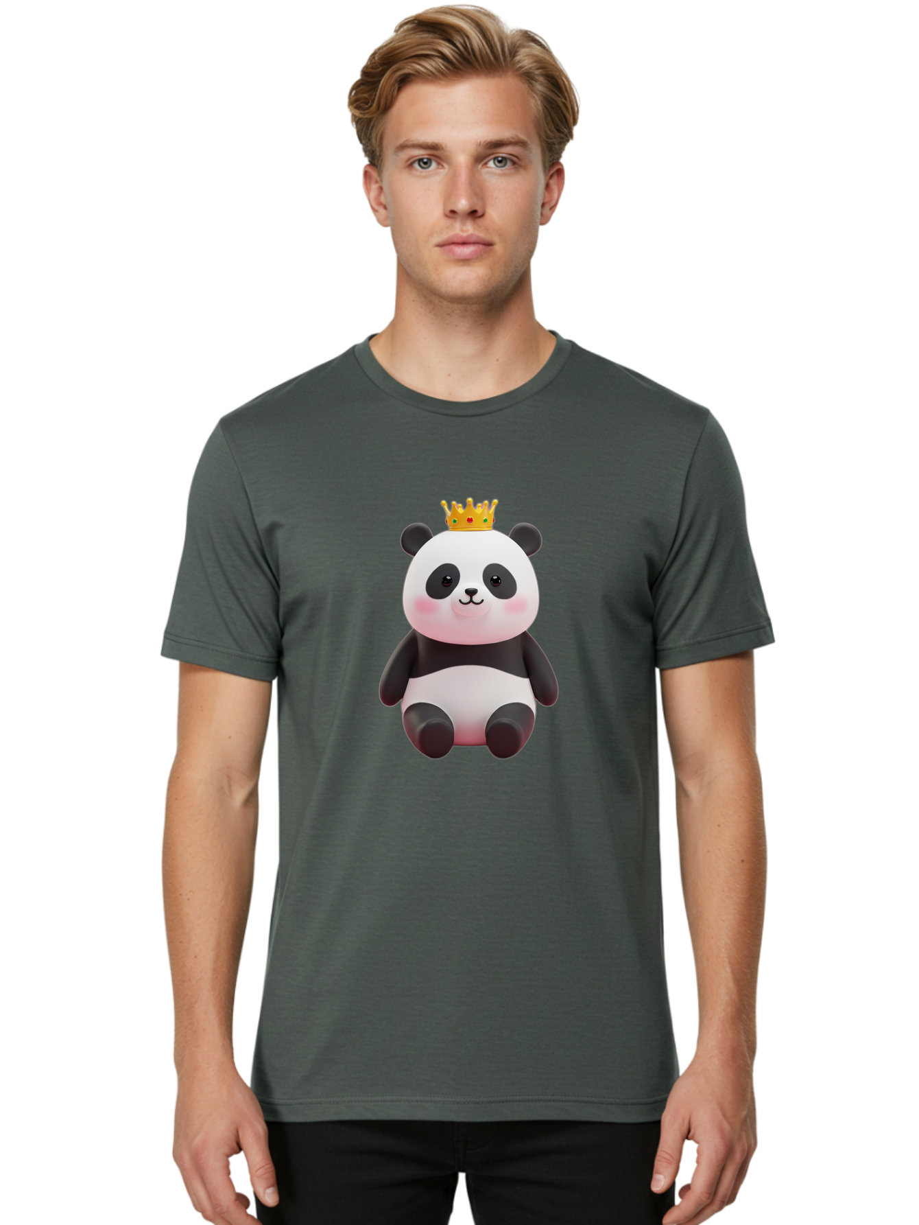 Crowned-Panda-1 Men'S Graphic Tee, 100% Cotton, Comfortable Casual Summer Wear, Machine Washable, Cartoon Panda, 3D Illustration, Panda Bear, Crown On Head, Regal Animal, Cute Expression, Rosy Cheeks, Kawaii Character, Adorable Design, Bae419