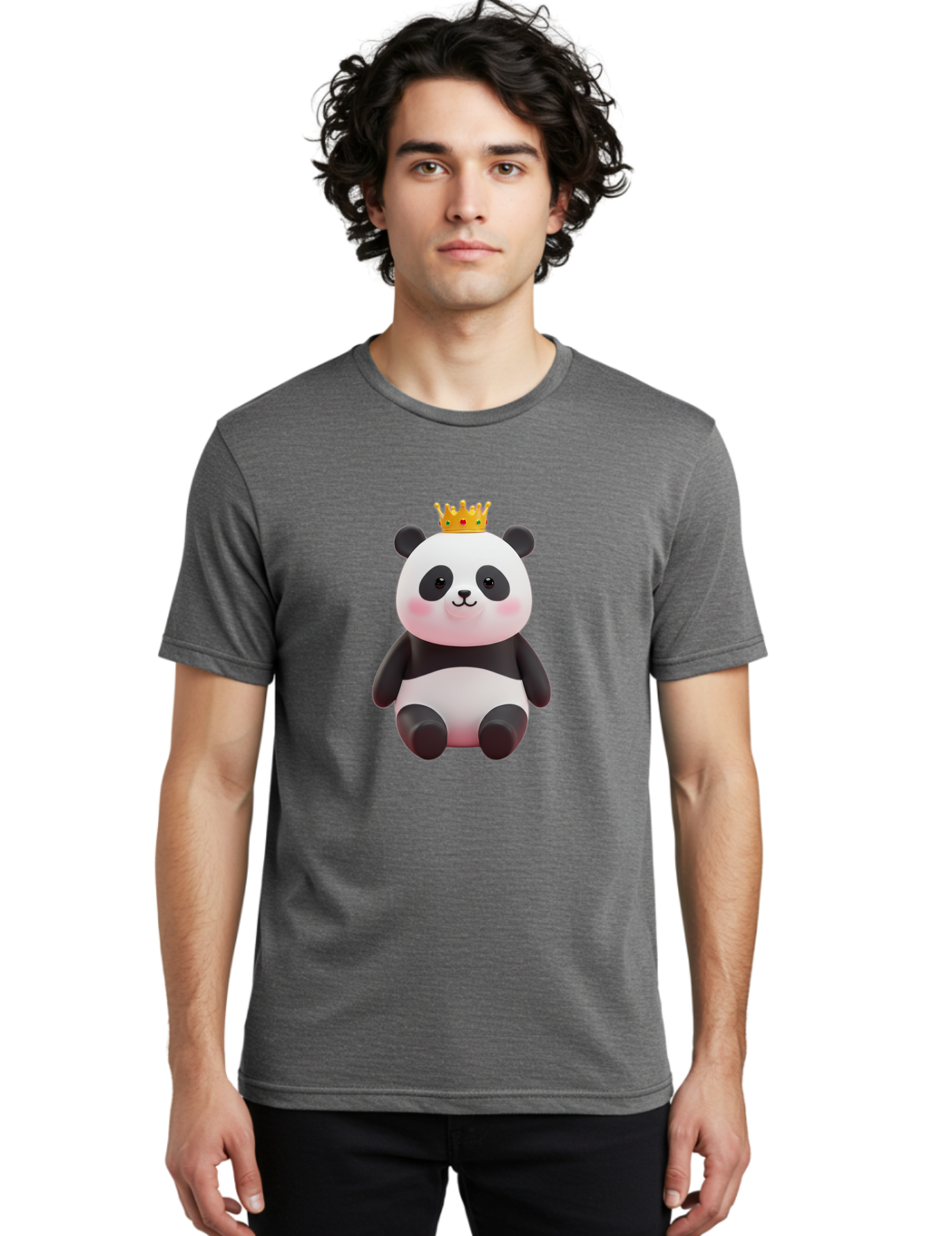 Crowned-Panda-1 Men'S Graphic Tee, 100% Cotton, Comfortable Casual Summer Wear, Machine Washable, Cartoon Panda, 3D Illustration, Panda Bear, Crown On Head, Regal Animal, Cute Expression, Rosy Cheeks, Kawaii Character, Adorable Design, Bae419