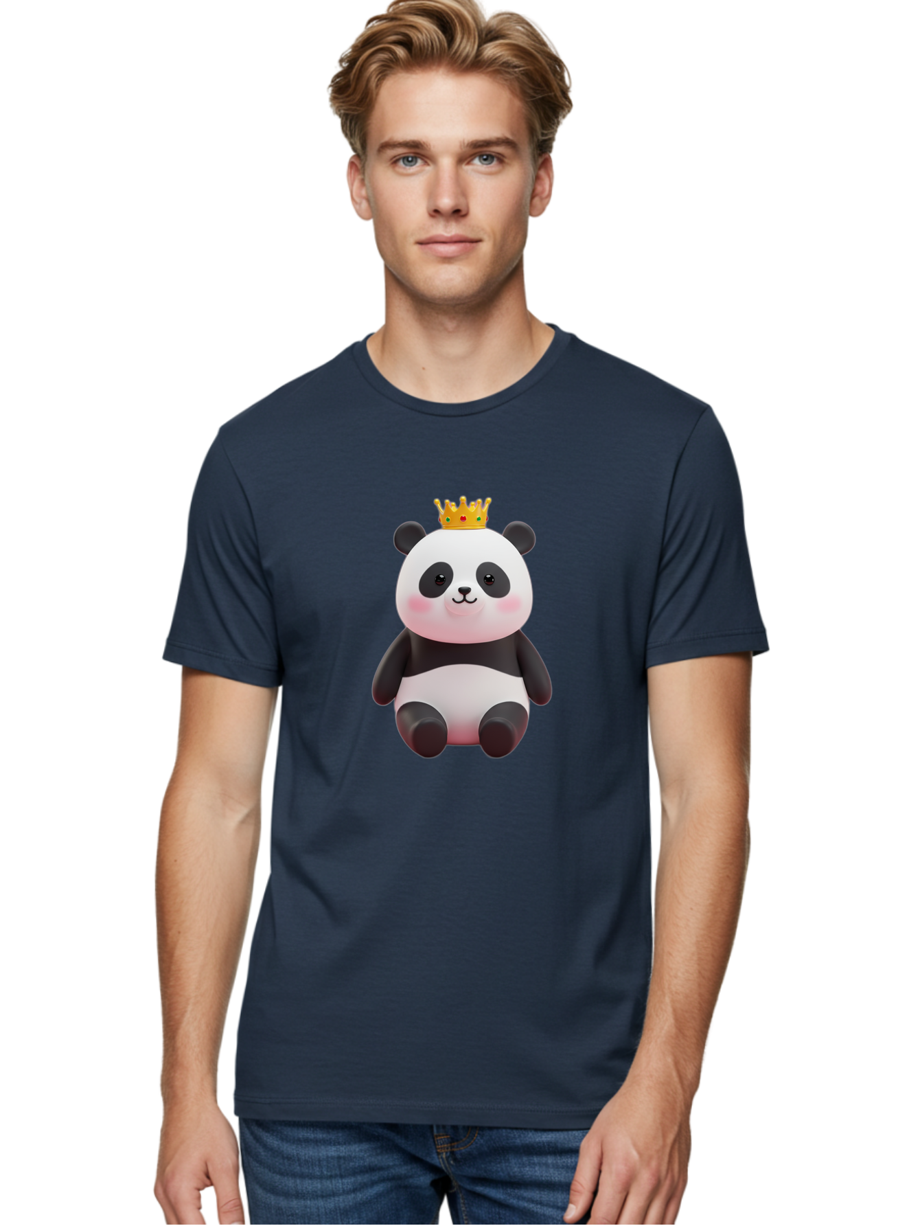 Crowned-Panda-1 Men'S Graphic Tee, 100% Cotton, Comfortable Casual Summer Wear, Machine Washable, Cartoon Panda, 3D Illustration, Panda Bear, Crown On Head, Regal Animal, Cute Expression, Rosy Cheeks, Kawaii Character, Adorable Design, Bae419