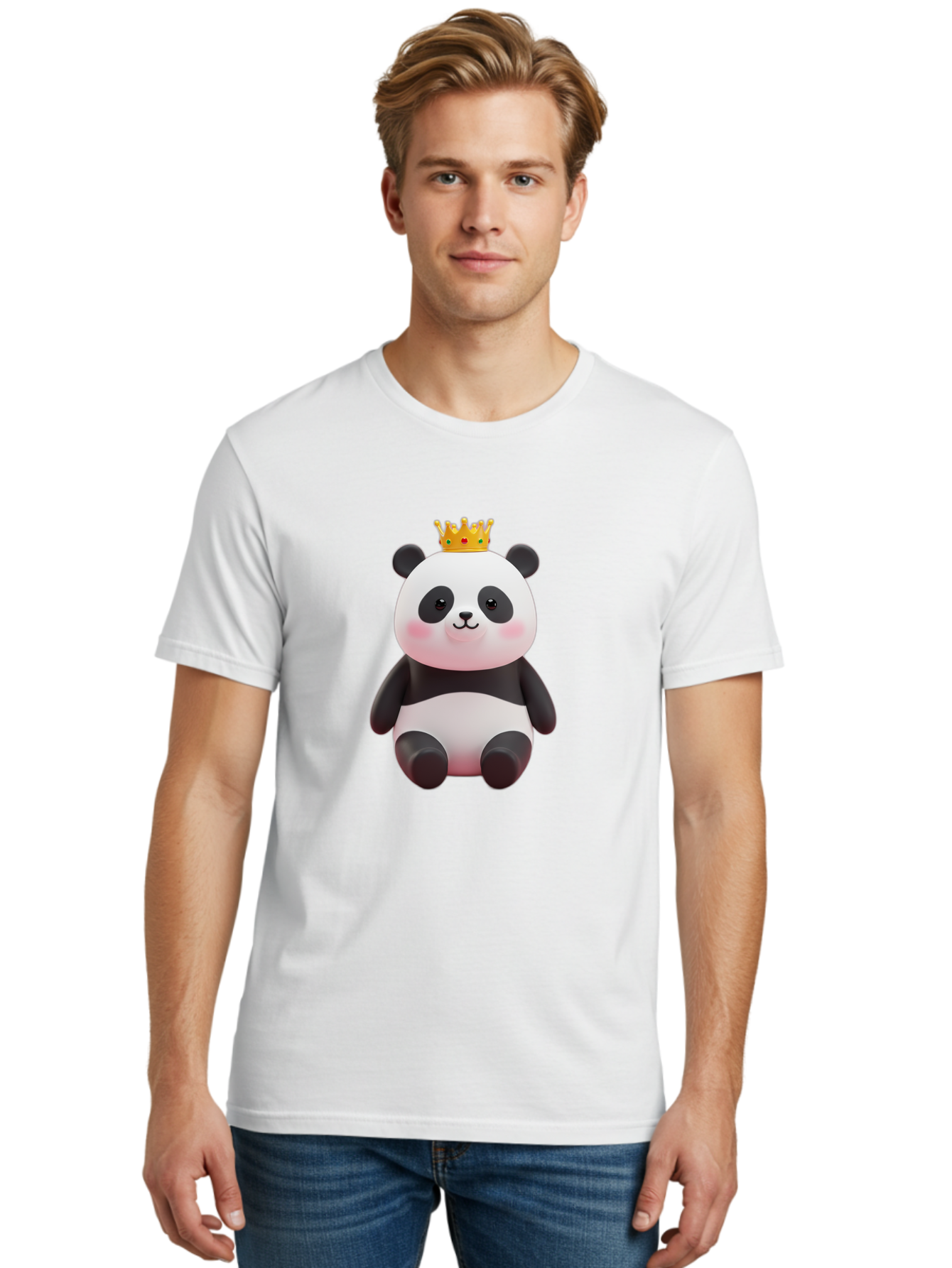 Crowned-Panda-1 Men'S Graphic Tee, 100% Cotton, Comfortable Casual Summer Wear, Machine Washable, Cartoon Panda, 3D Illustration, Panda Bear, Crown On Head, Regal Animal, Cute Expression, Rosy Cheeks, Kawaii Character, Adorable Design, Bae419